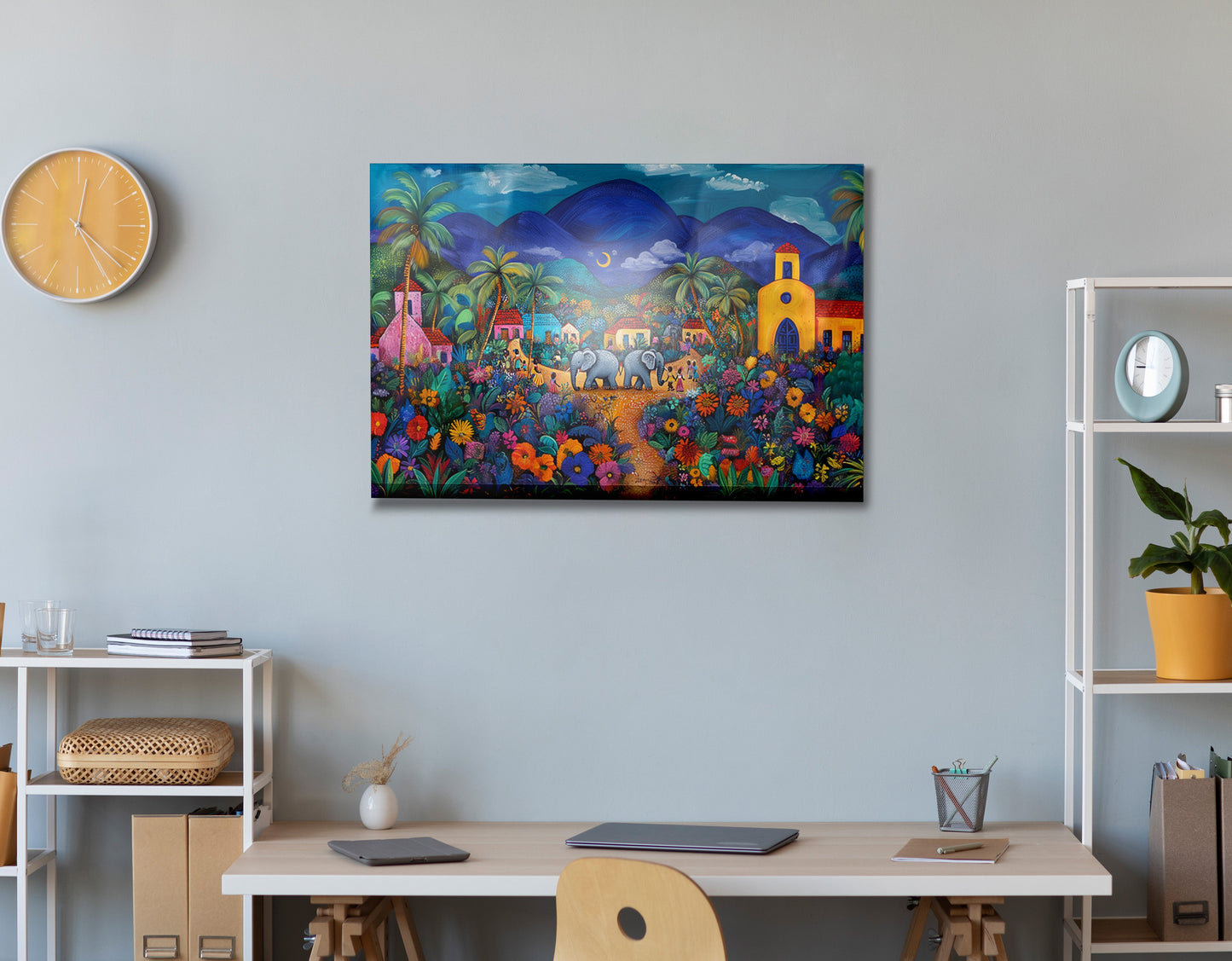 Colorful Mountain Village Elephant Caribbean wall art view 24