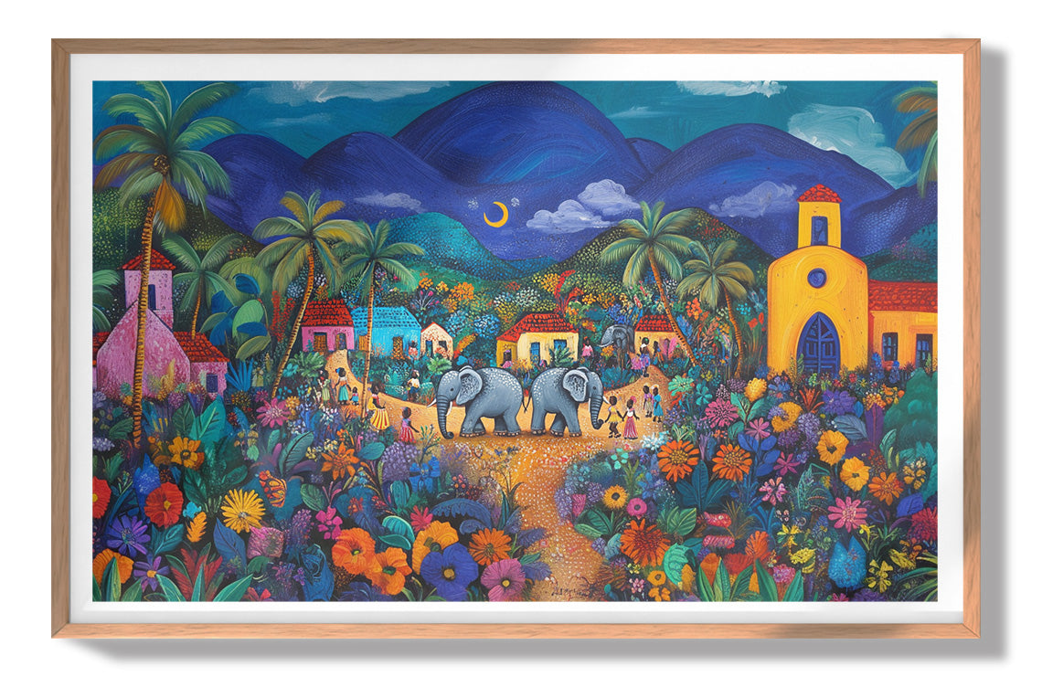 Colorful Mountain Village Elephant Caribbean wall art view 79