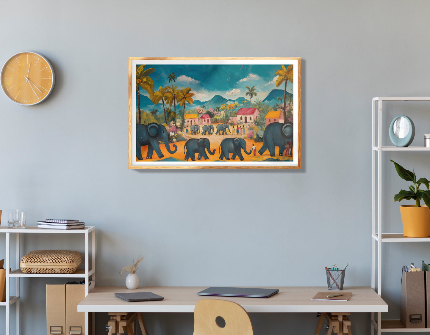 Colorful Mountain Village Elephant Caribbean wall art view 78