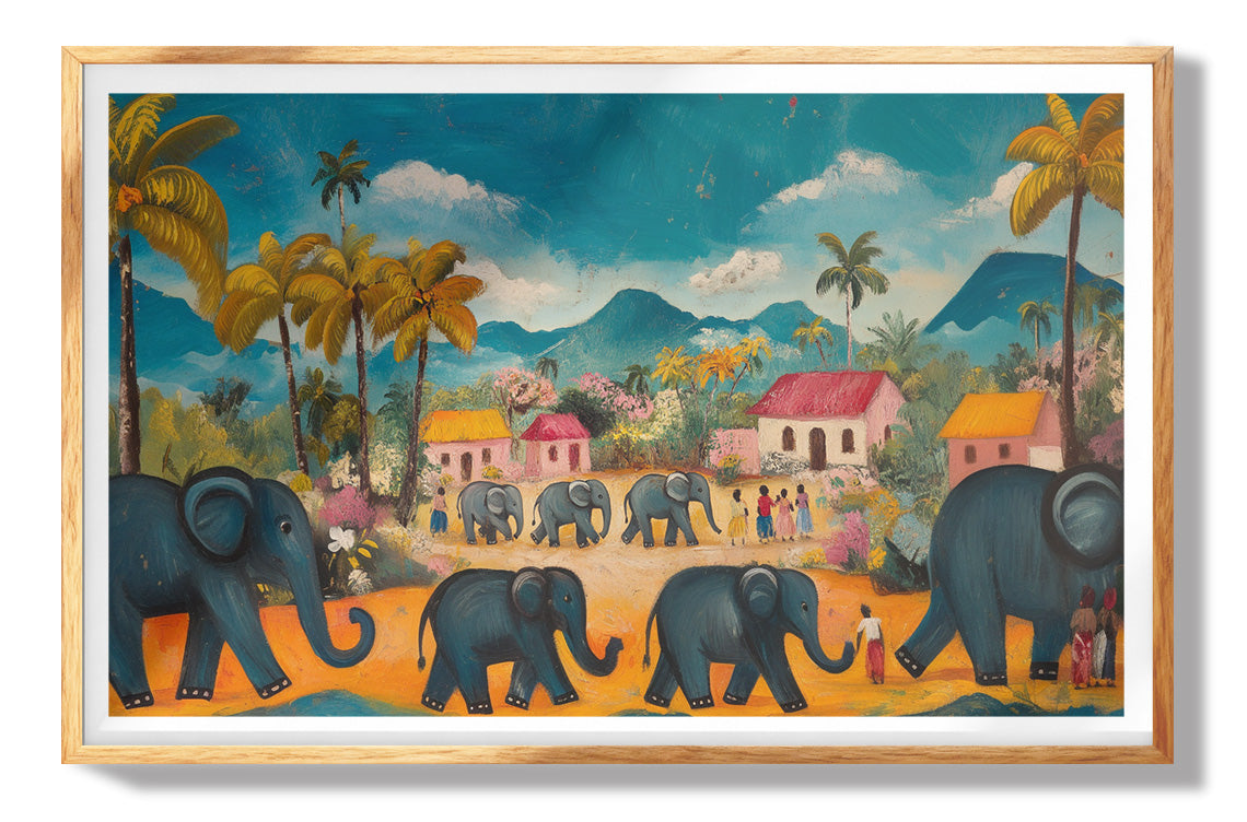 Colorful Mountain Village Elephant Caribbean wall art view 73