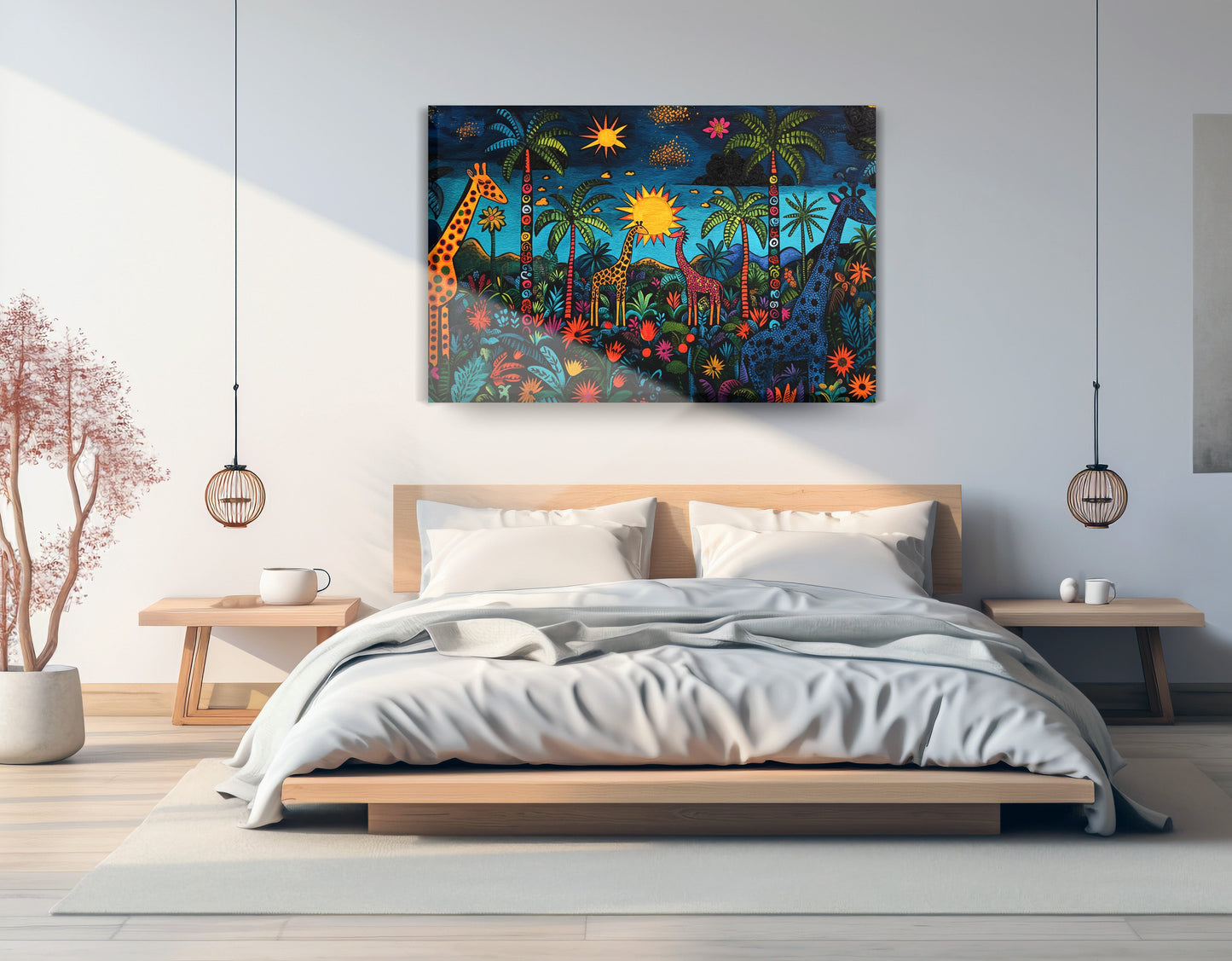 Giraffe Palm Tree Safari Caribbean wall art displayed as bedroom wall decor