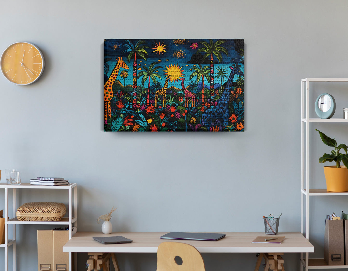 Giraffe Palm Tree Safari Caribbean wall art displayed as office wall decor