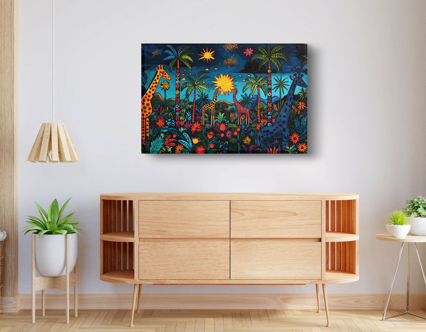 Giraffe Palm Tree Safari Caribbean wall art displayed as living room wall decor
