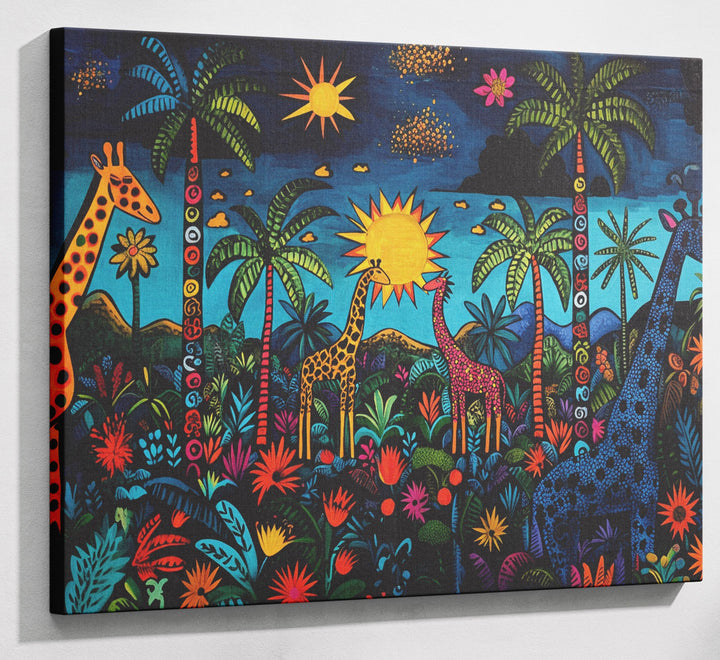 Giraffe Palm Tree Safari Caribbean wall art canvas print with visible wall art format