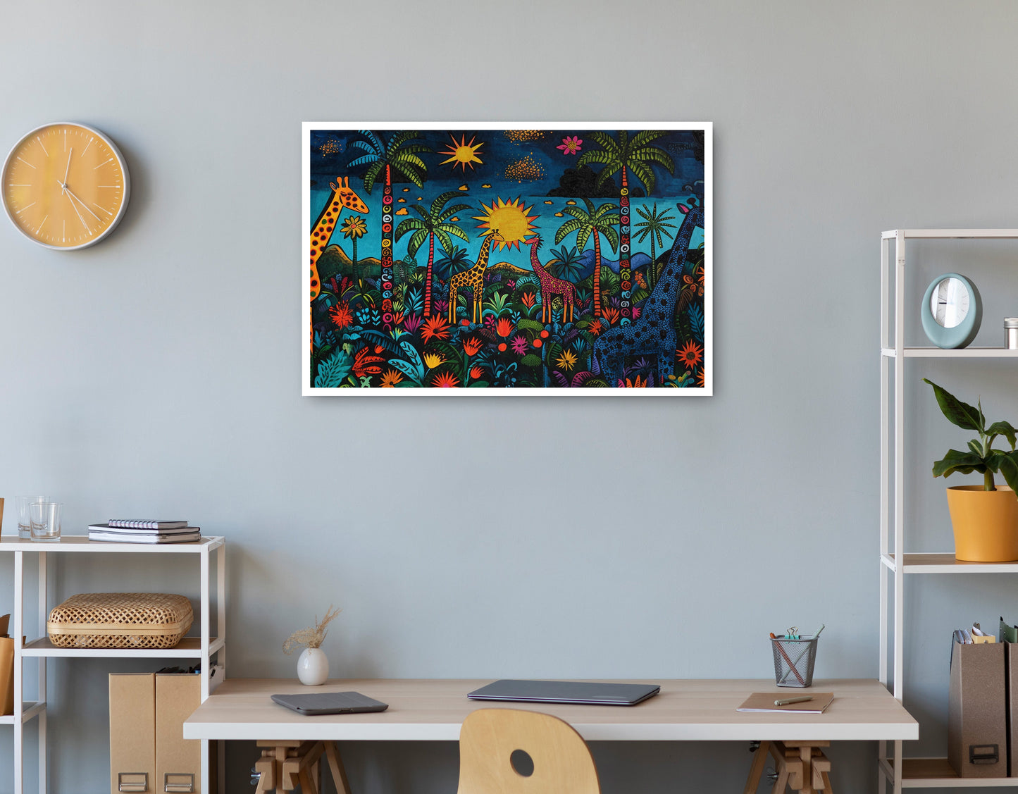 Giraffe Palm Tree Safari Caribbean wall art print view