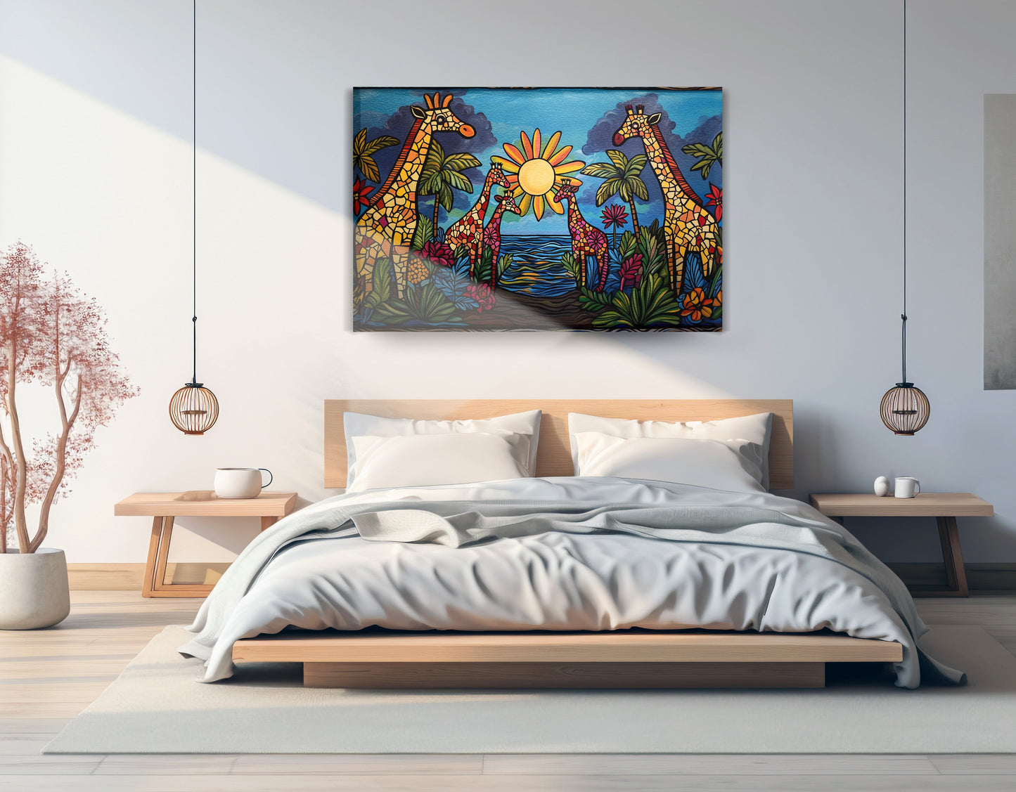 Giraffe Sunburst Safari Black Caribbean wall art displayed as bedroom wall decor