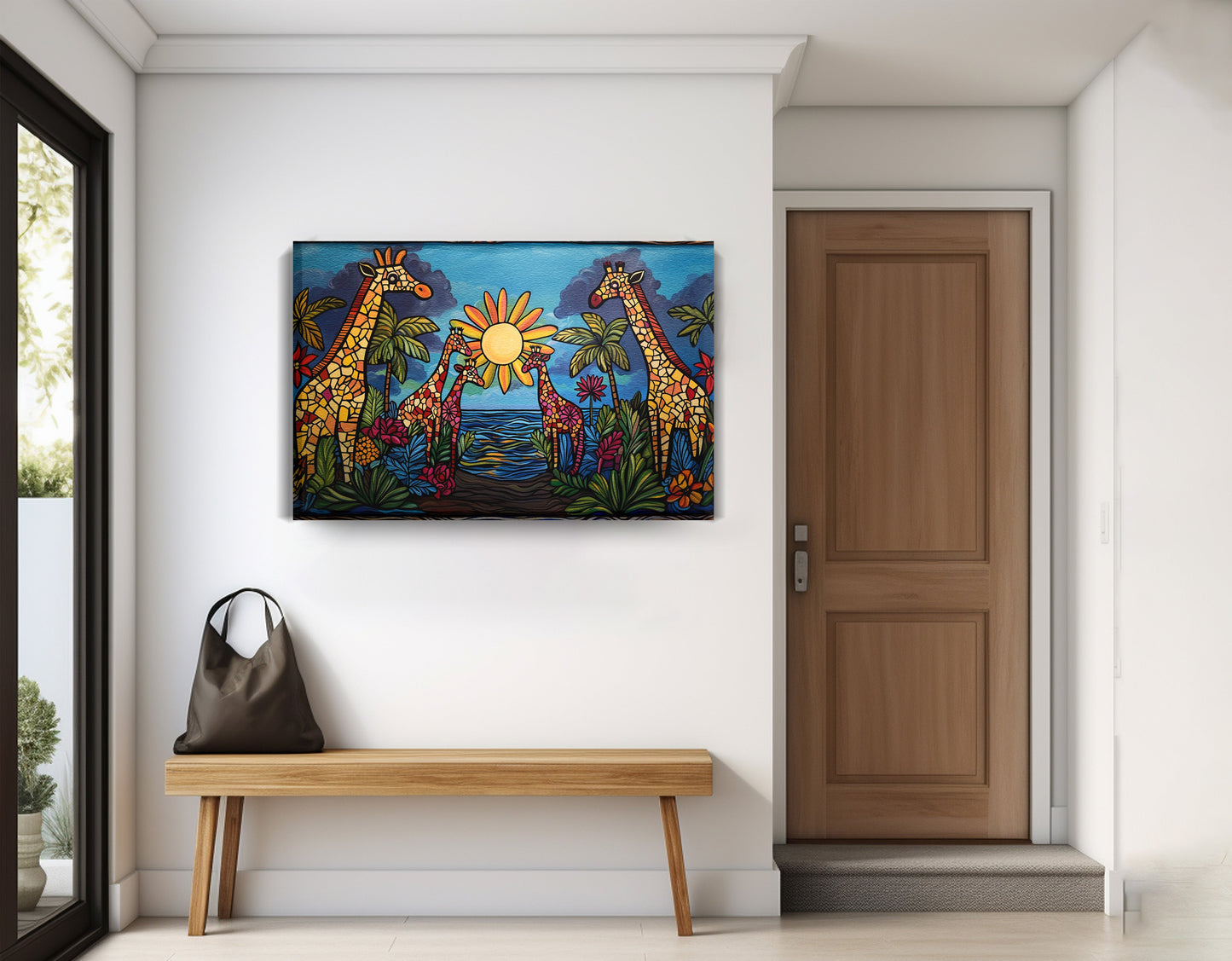 Giraffe Sunburst Safari Black Caribbean wall art displayed as entryway wall decor