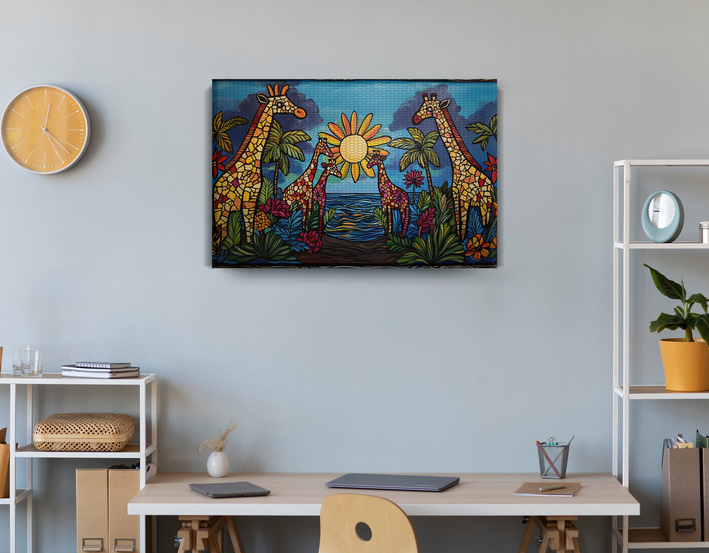 Giraffe Sunburst Safari Black Caribbean wall art displayed as office wall decor