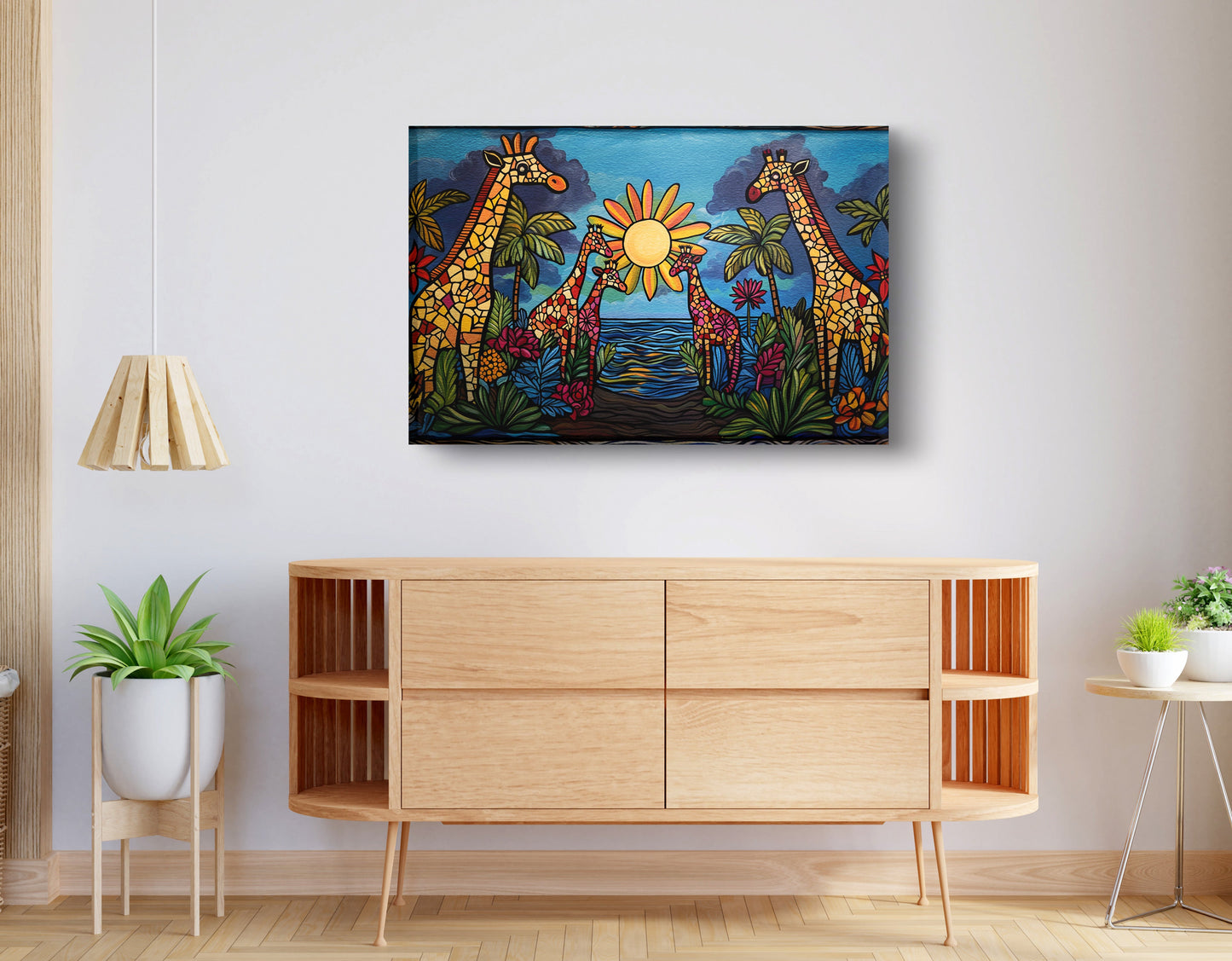 Giraffe Sunburst Safari Black Caribbean wall art displayed as living room wall decor