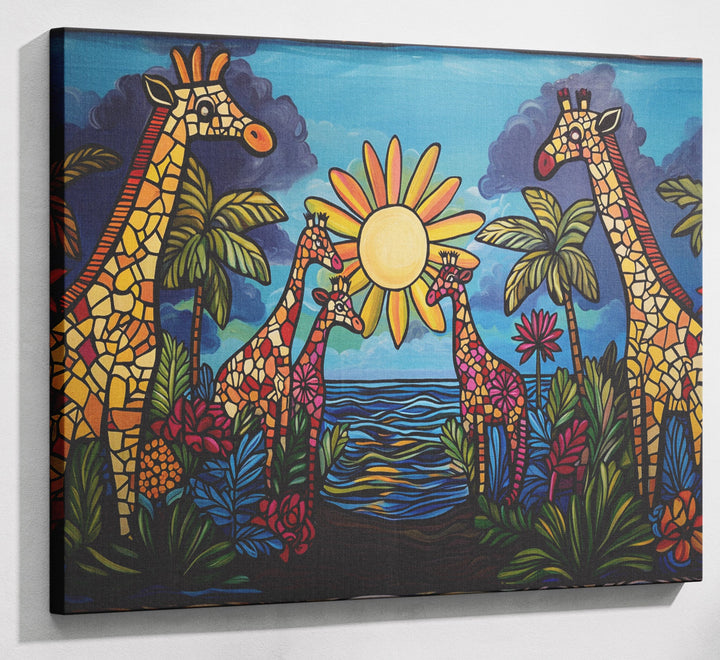 Giraffe Sunburst Safari Black Caribbean wall art canvas print with visible wall art format