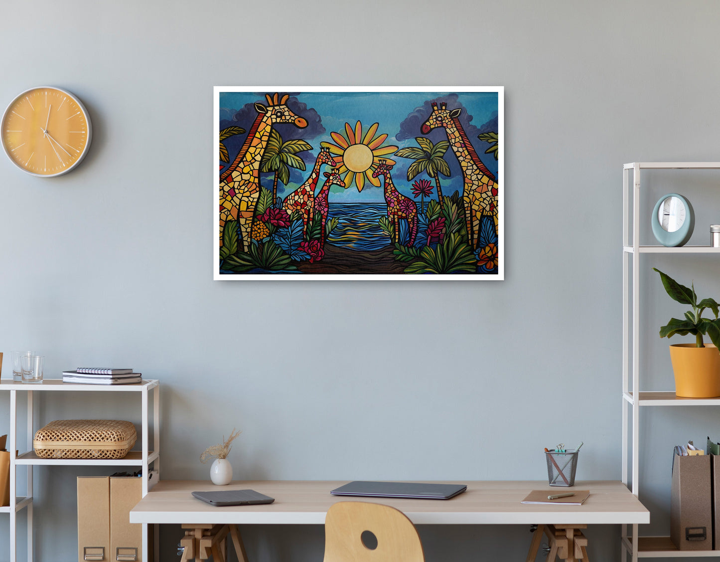 Giraffe Sunburst Safari Black Caribbean wall art print view