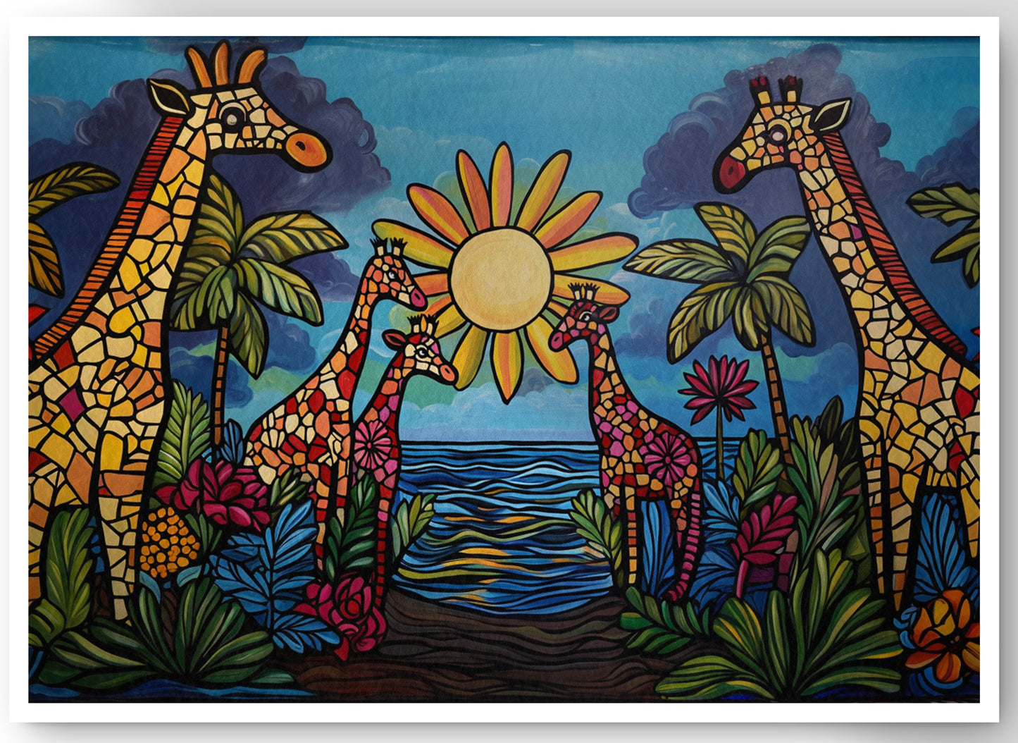 Giraffe Sunburst Safari Black Caribbean wall art canvas print by MoomZee Artwork