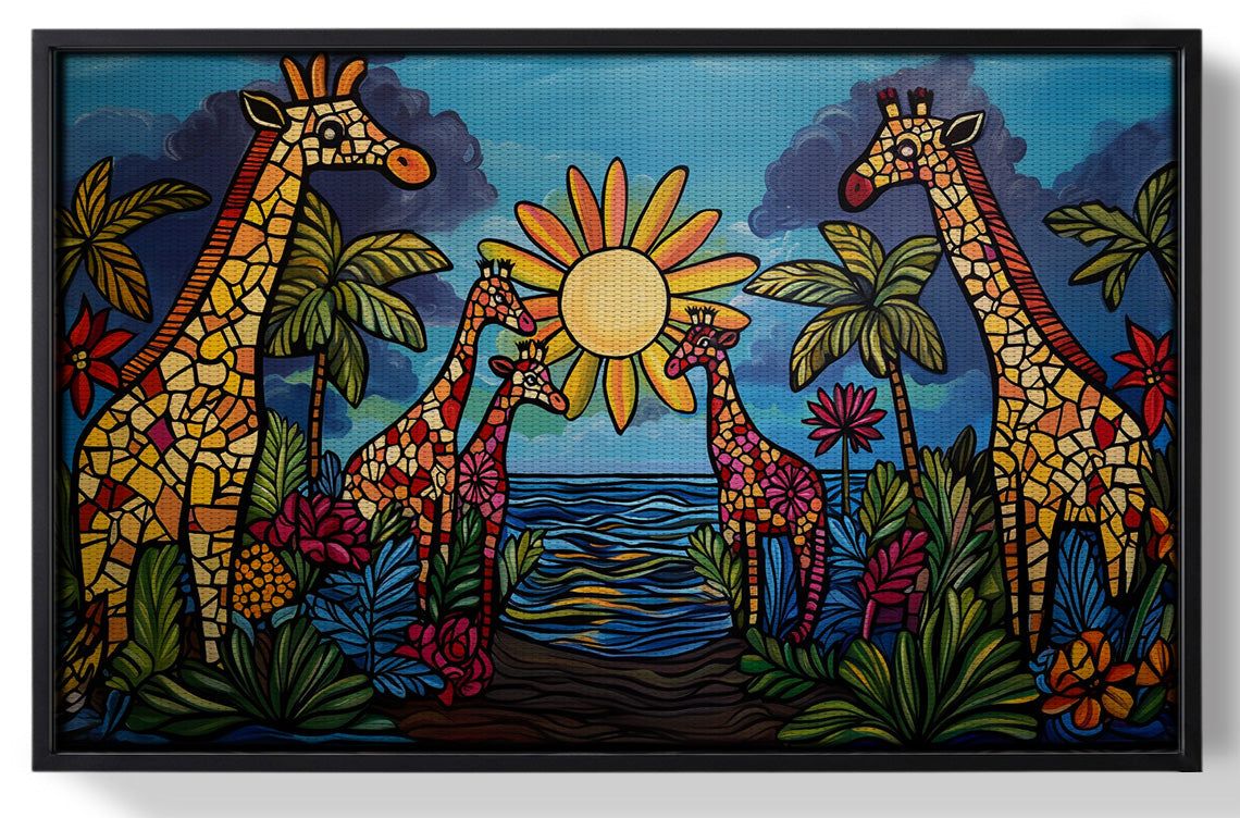 Framed Giraffe Sunburst Safari Black Caribbean wall art for home decor