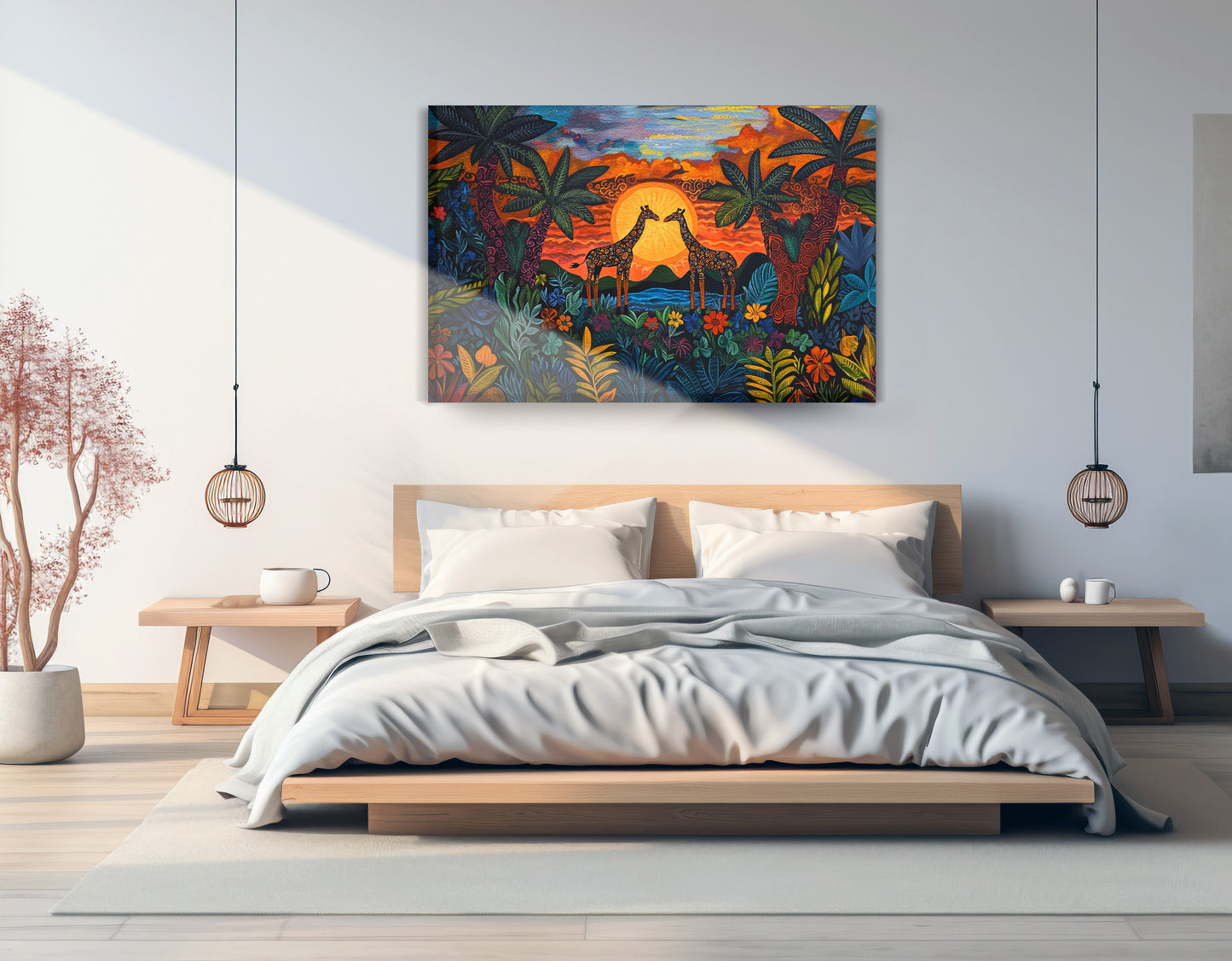 Giraffe Sunset Jungle Caribbean wall art displayed as bedroom wall decor
