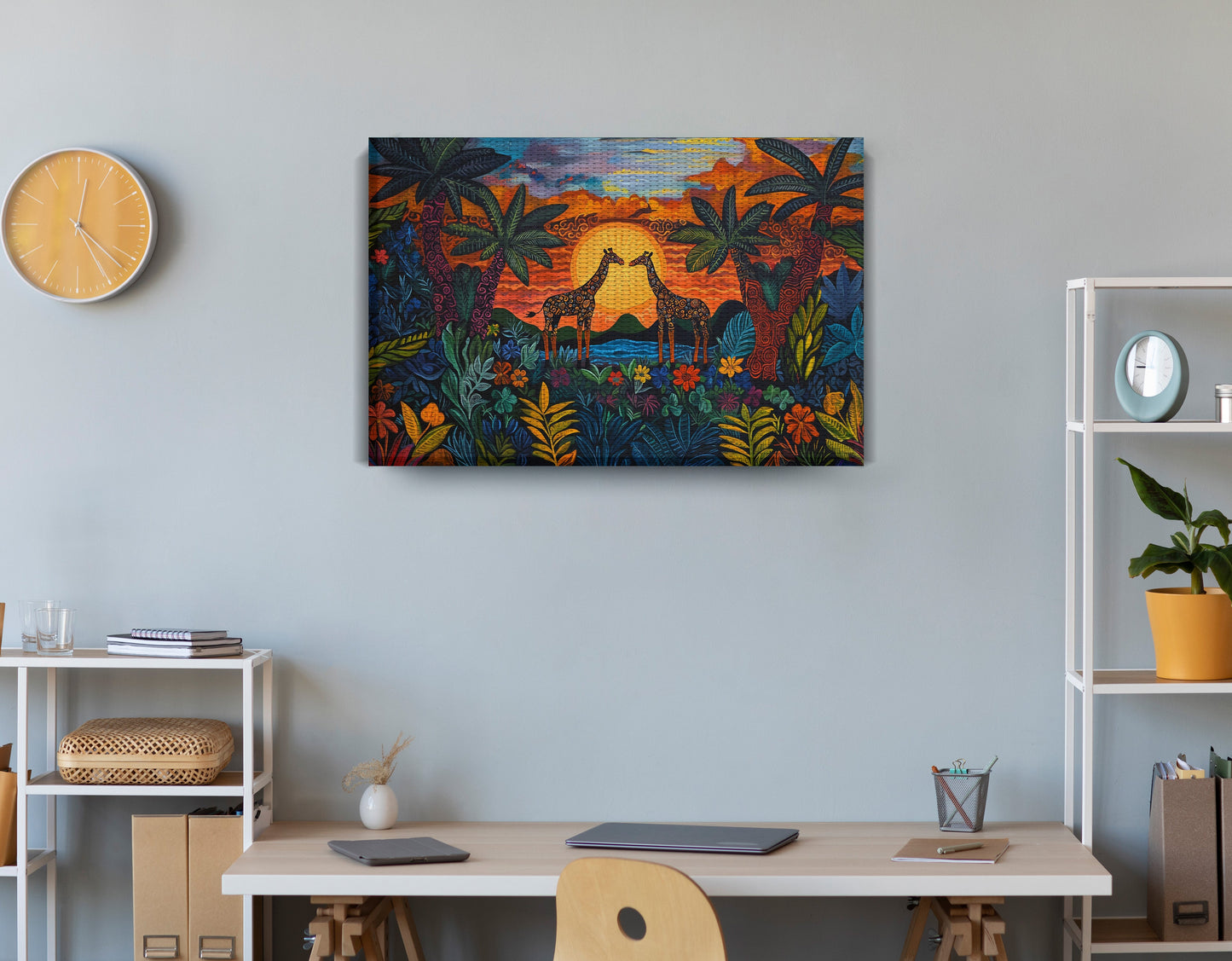 Giraffe Sunset Jungle Caribbean wall art displayed as office wall decor