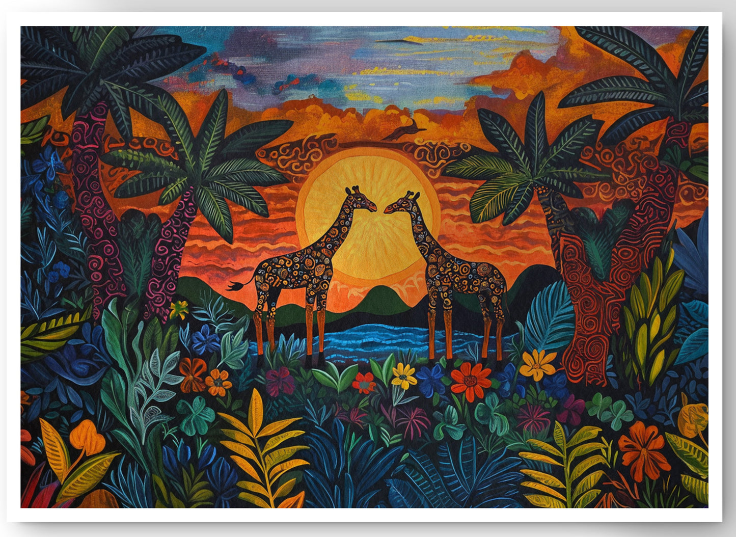 Giraffe Sunset Jungle Caribbean wall art canvas print by MoomZee Artwork