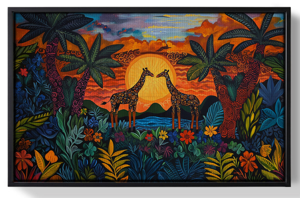 Framed Giraffe Sunset Jungle Caribbean wall art for home decor
