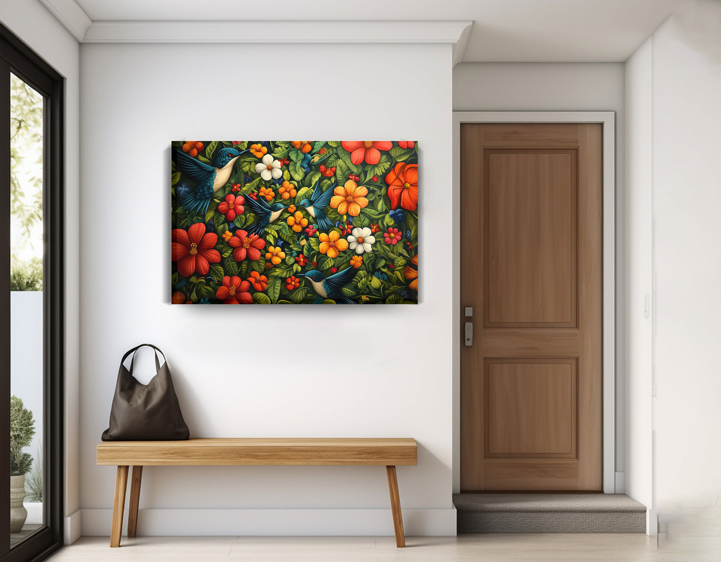 Tropical Flower Bird Black Caribbean wall art displayed as entryway wall decor