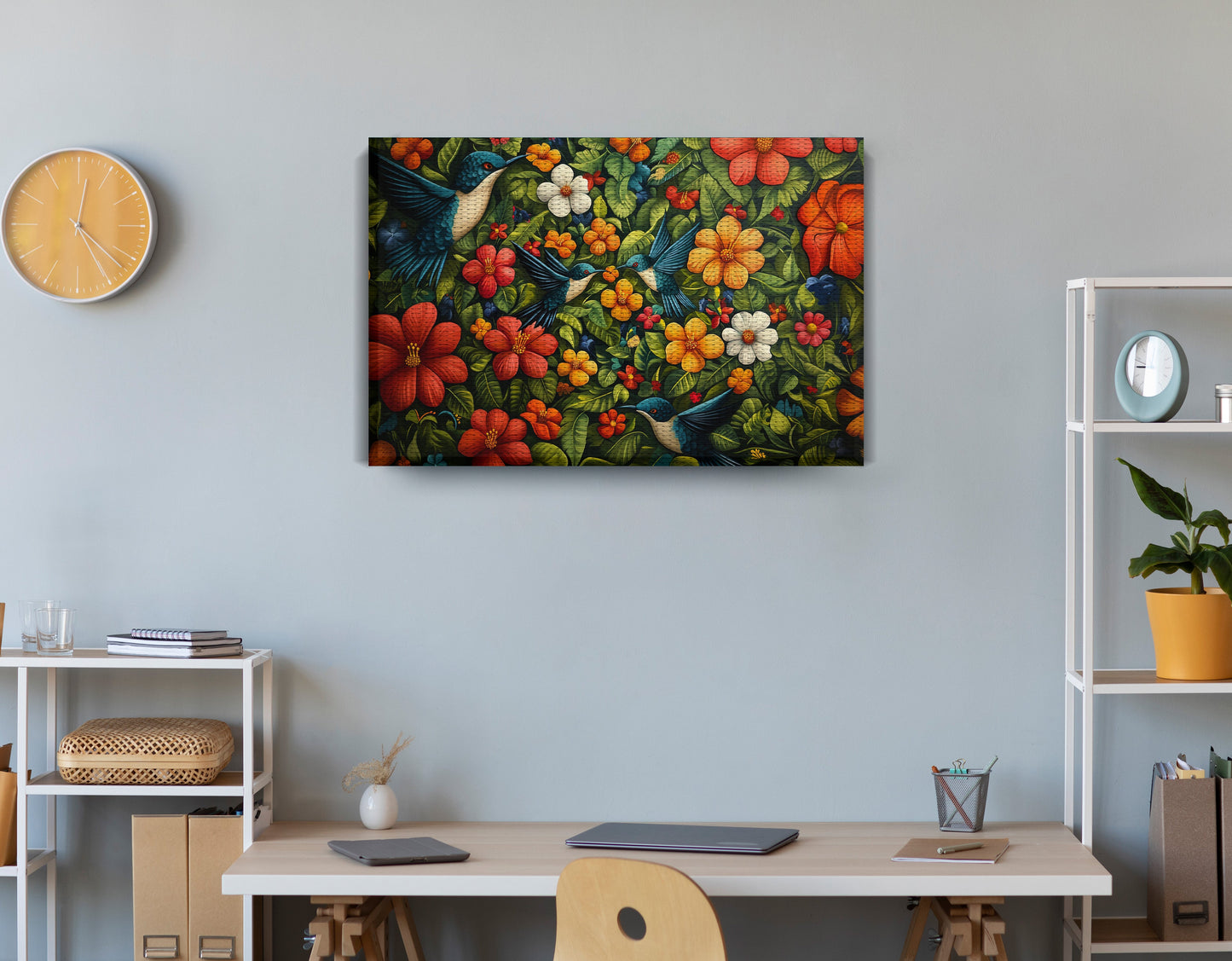 Tropical Flower Bird Black Caribbean wall art displayed as office wall decor