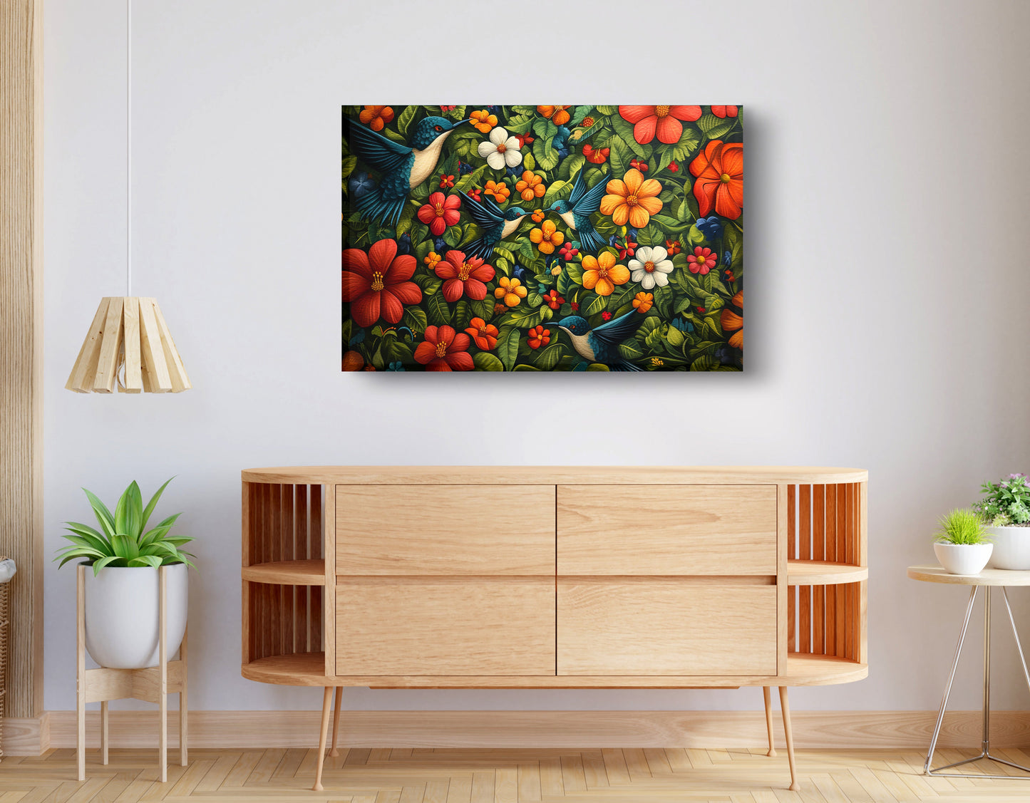 Tropical Flower Bird Black Caribbean wall art displayed as living room wall decor
