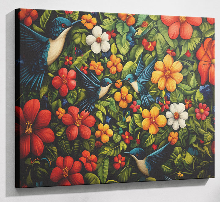 Tropical Flower Bird Black Caribbean wall art canvas print with visible wall art format
