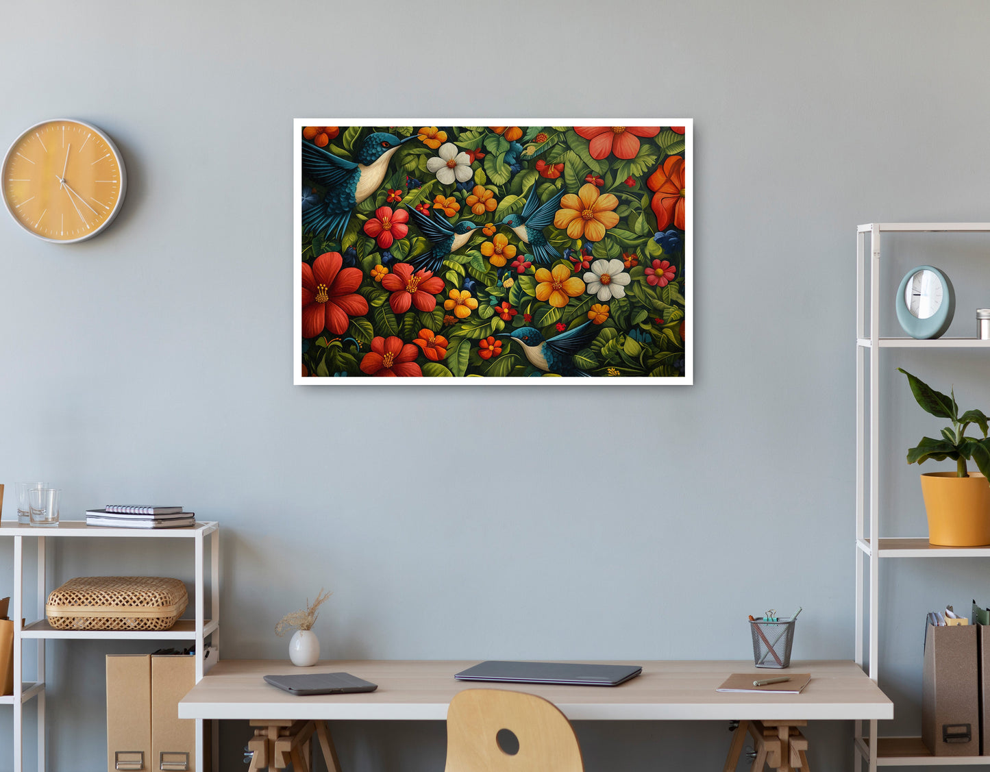 Tropical Flower Bird Black Caribbean wall art print view