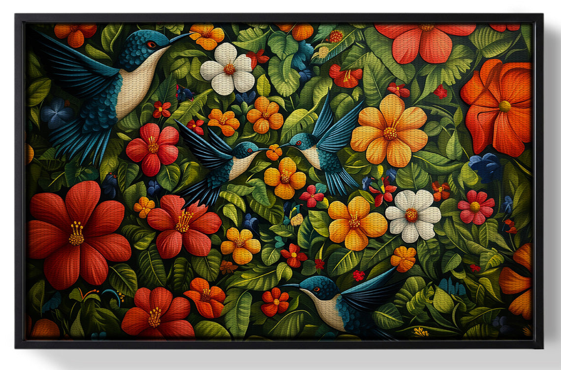 Framed Tropical Flower Bird Black Caribbean wall art for home decor
