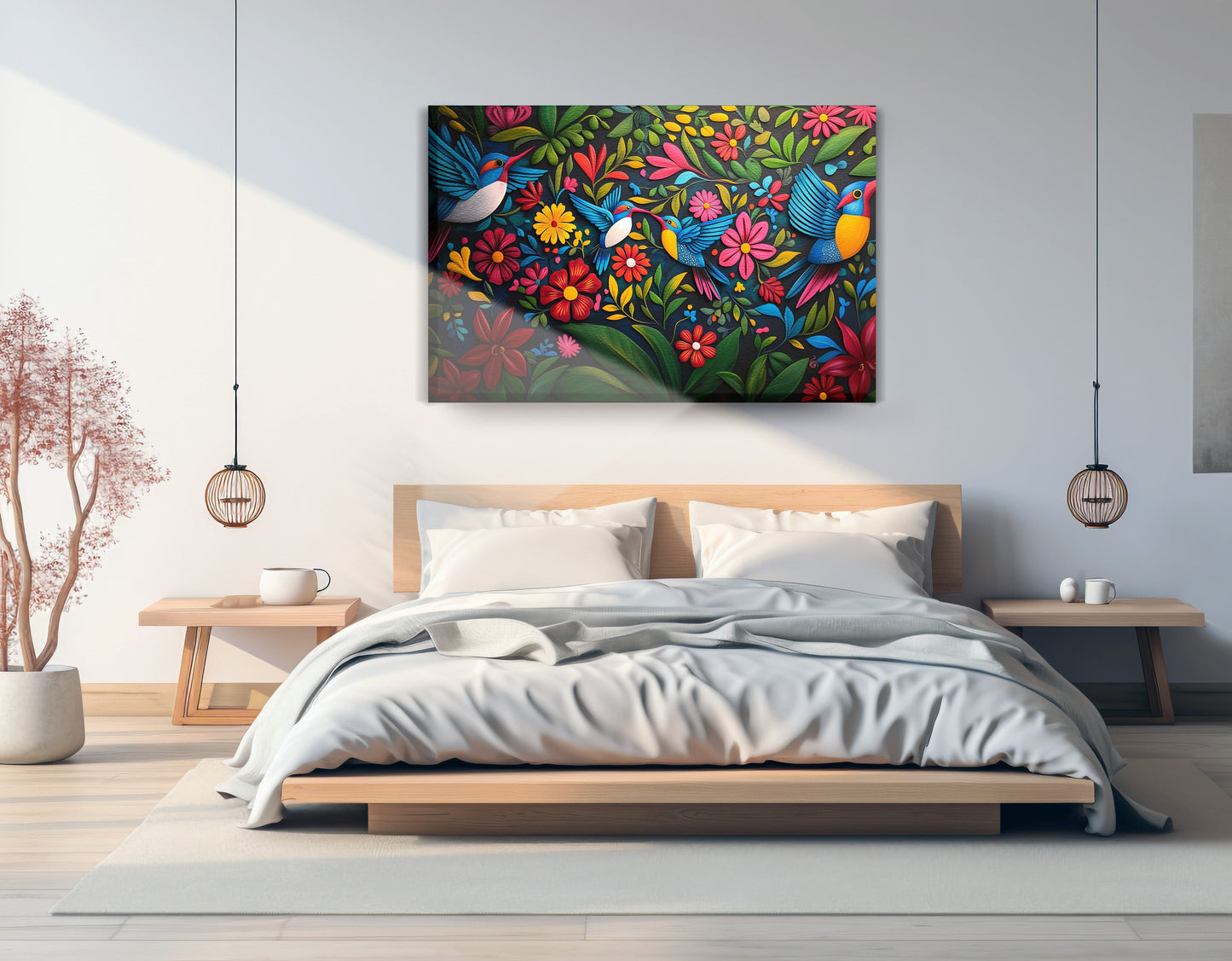 Tropical Bird Floral Caribbean wall art displayed as bedroom wall decor
