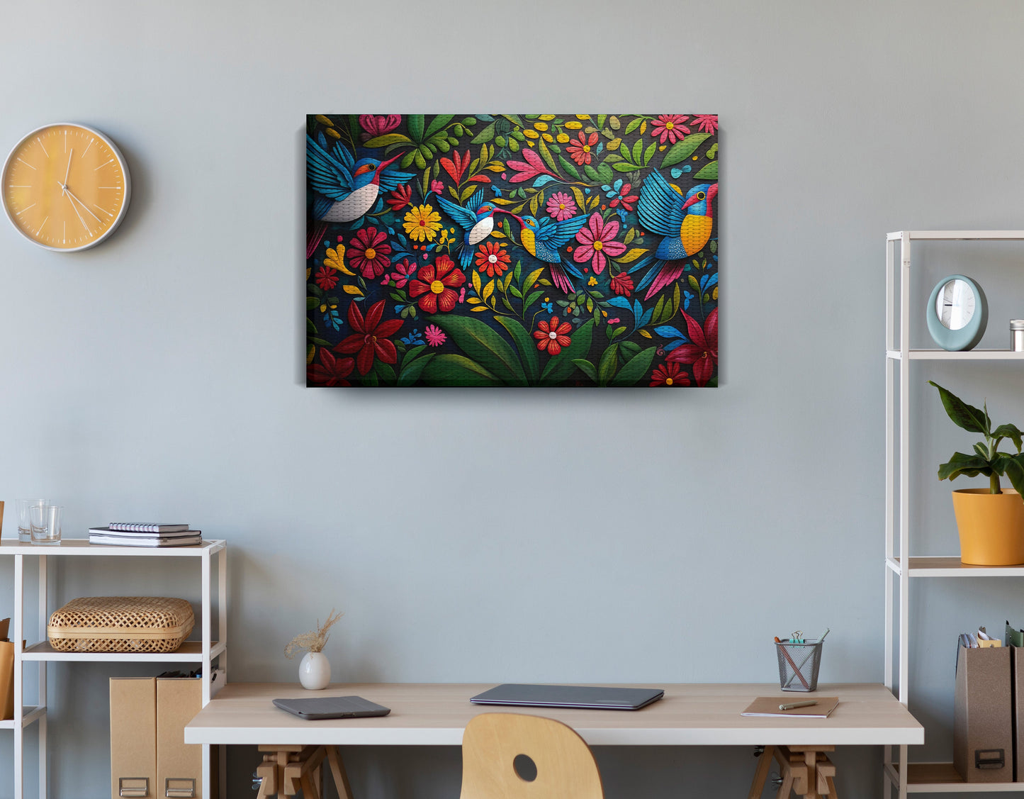 Tropical Bird Floral Caribbean wall art displayed as office wall decor