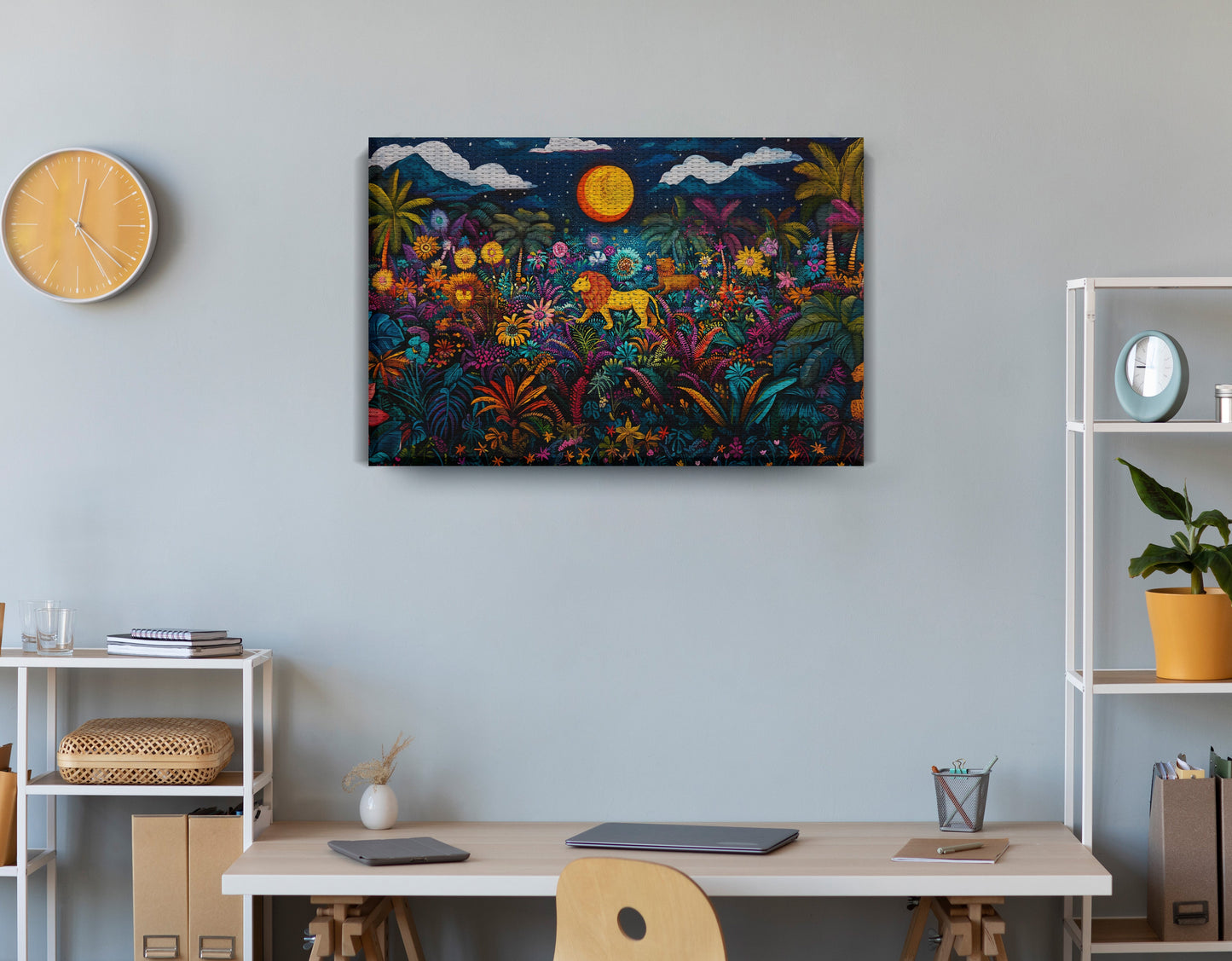 Leopard Jungle Moon Caribbean wall art displayed as office wall decor