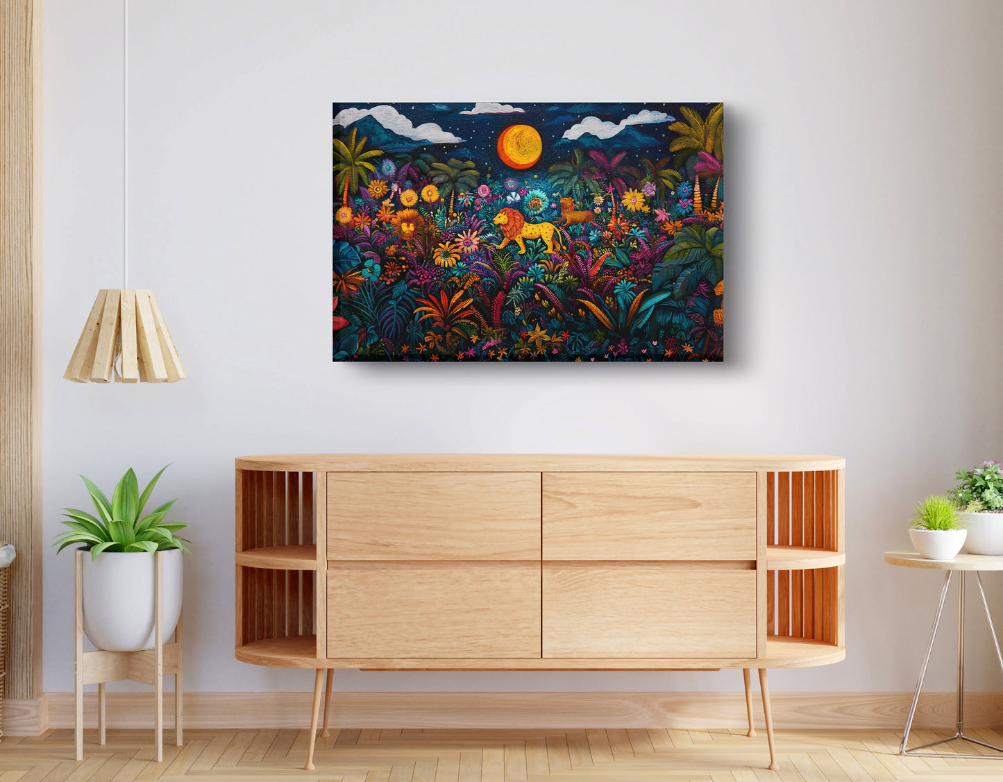 Leopard Jungle Moon Caribbean wall art displayed as living room wall decor