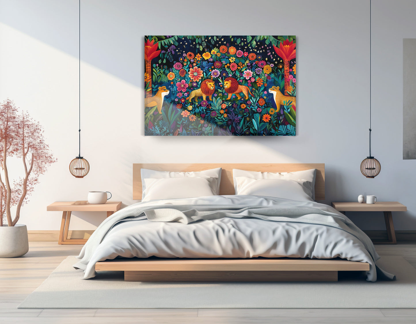 Lion Family Flower Garden Black Caribbean wall art displayed as bedroom wall decor