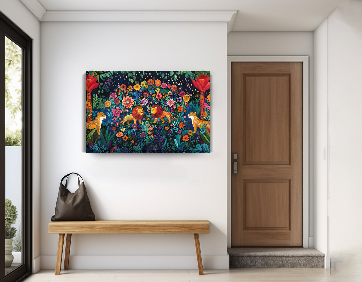Lion Family Flower Garden Black Caribbean wall art displayed as entryway wall decor