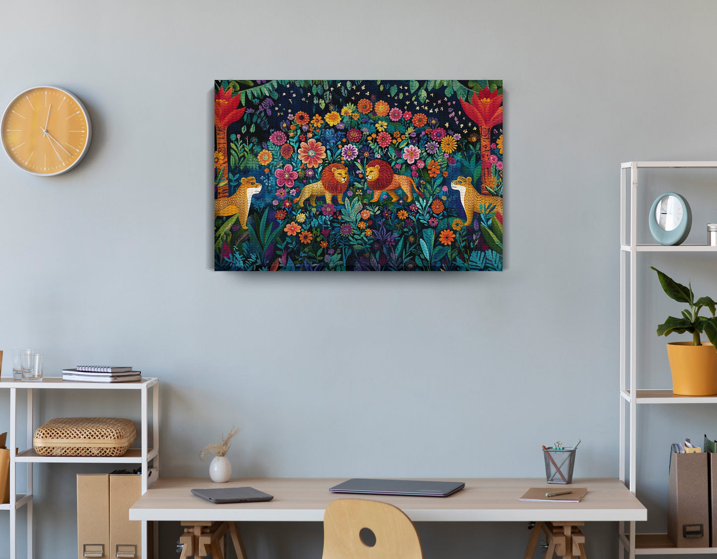 Lion Family Flower Garden Black Caribbean wall art displayed as office wall decor