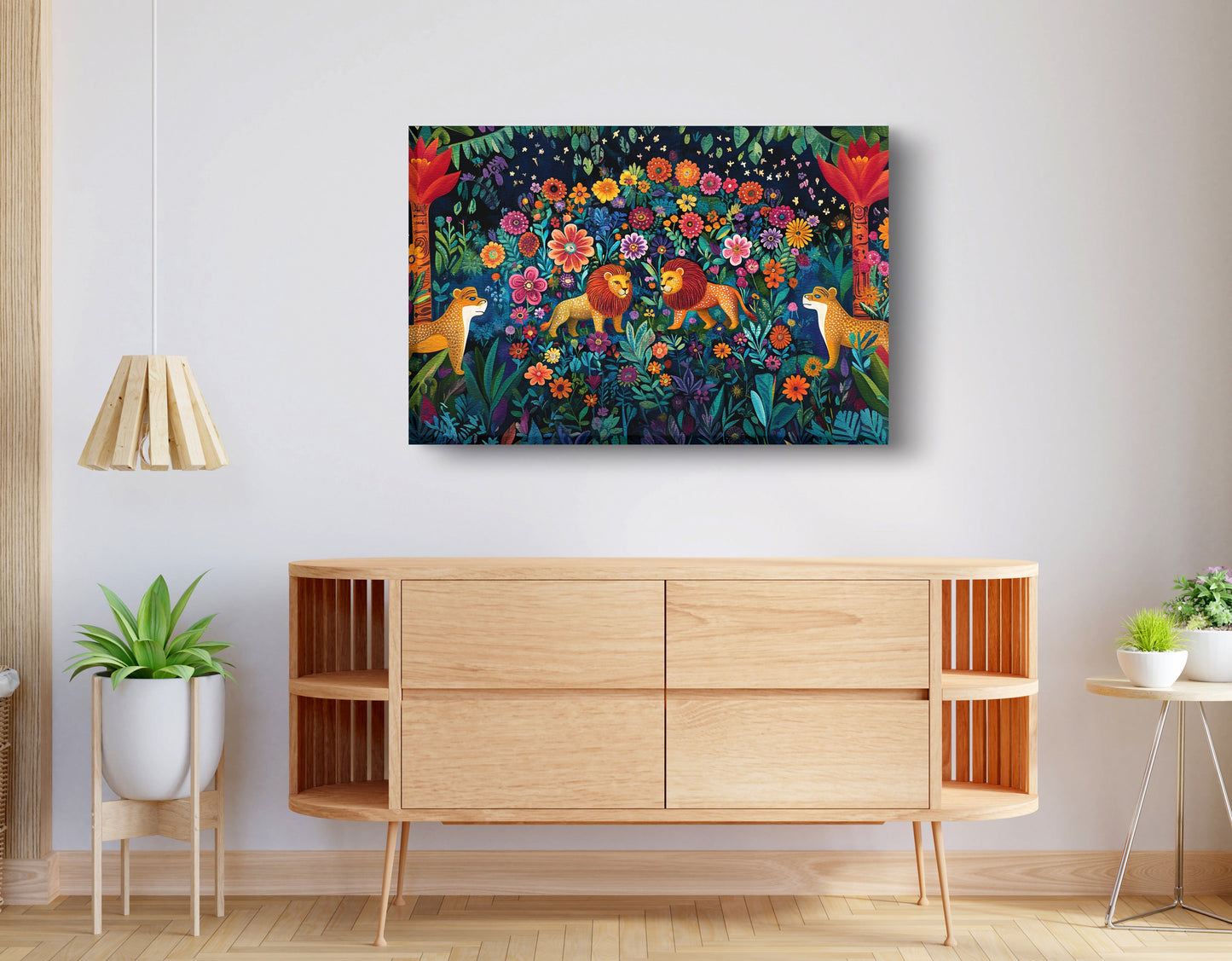 Lion Family Flower Garden Black Caribbean wall art displayed as living room wall decor
