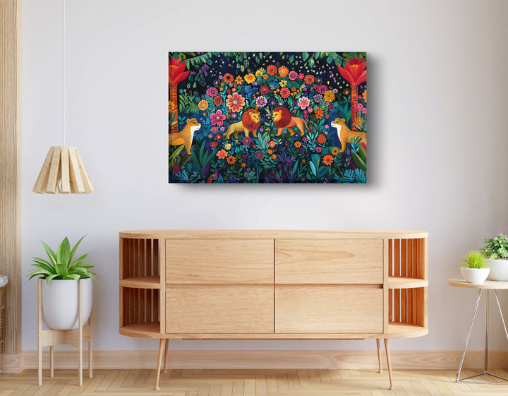 Lion Family Flower Garden Black Wall Art