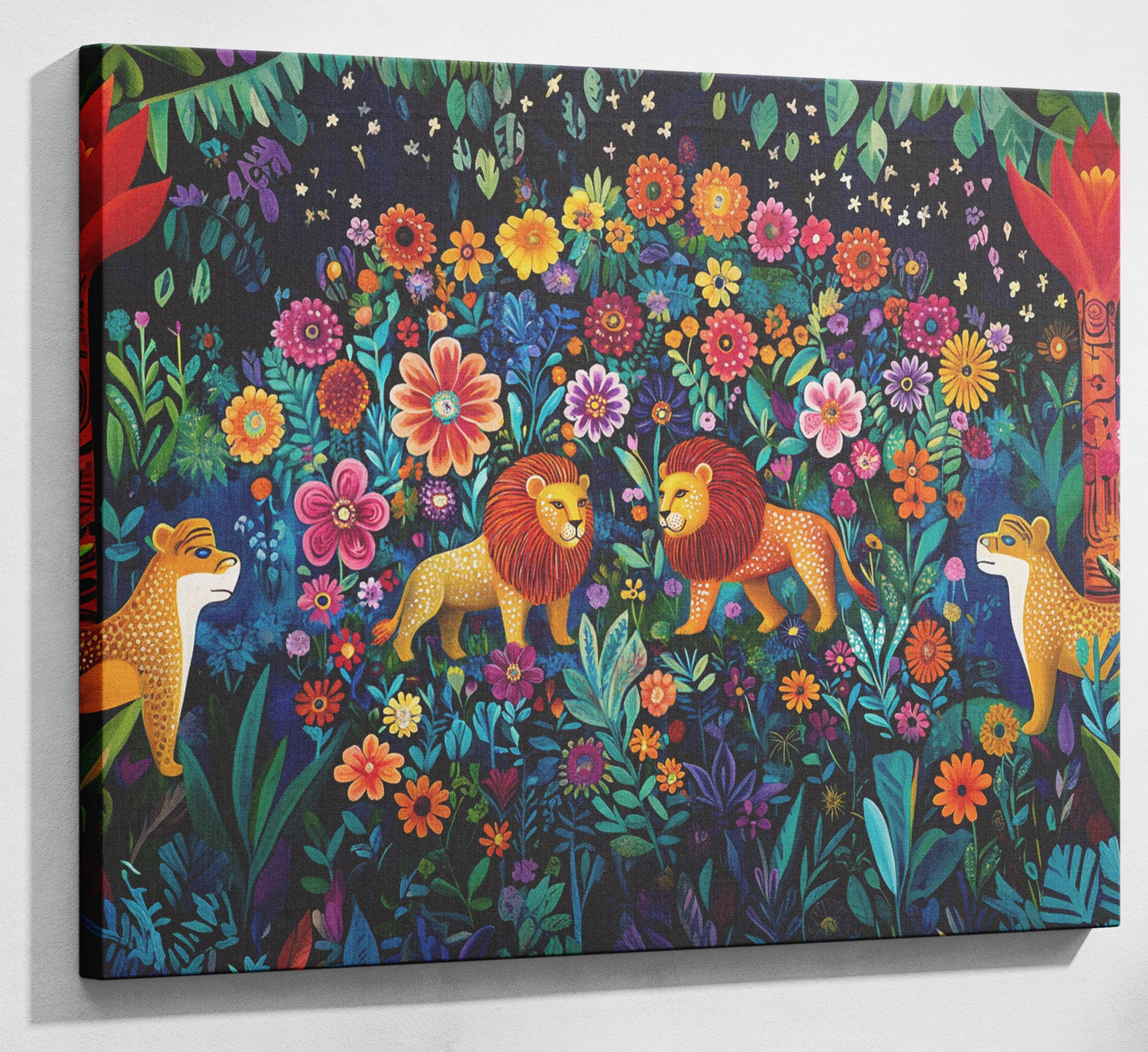 Lion Family Flower Garden Black Caribbean wall art canvas print with visible wall art format