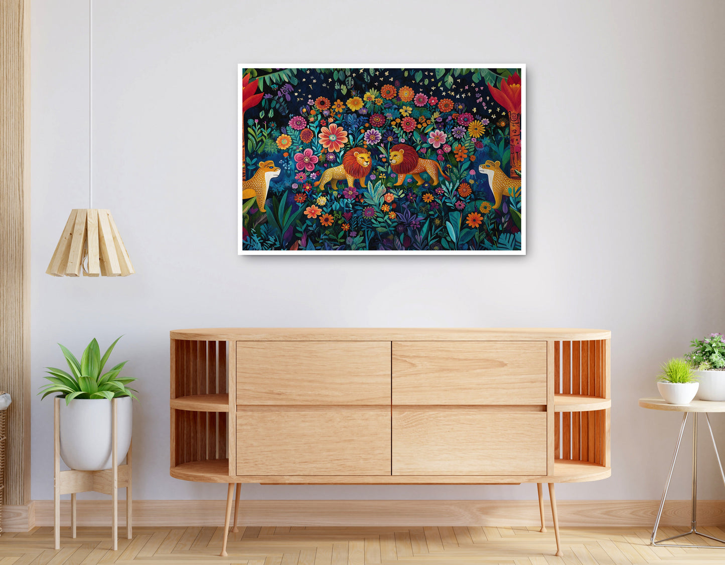 Alternate view of Lion Family Flower Garden Black Caribbean wall art canvas print