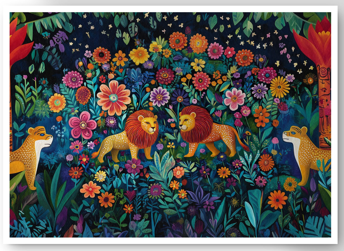 Lion Family Flower Garden Black Caribbean wall art canvas print by MoomZee Artwork