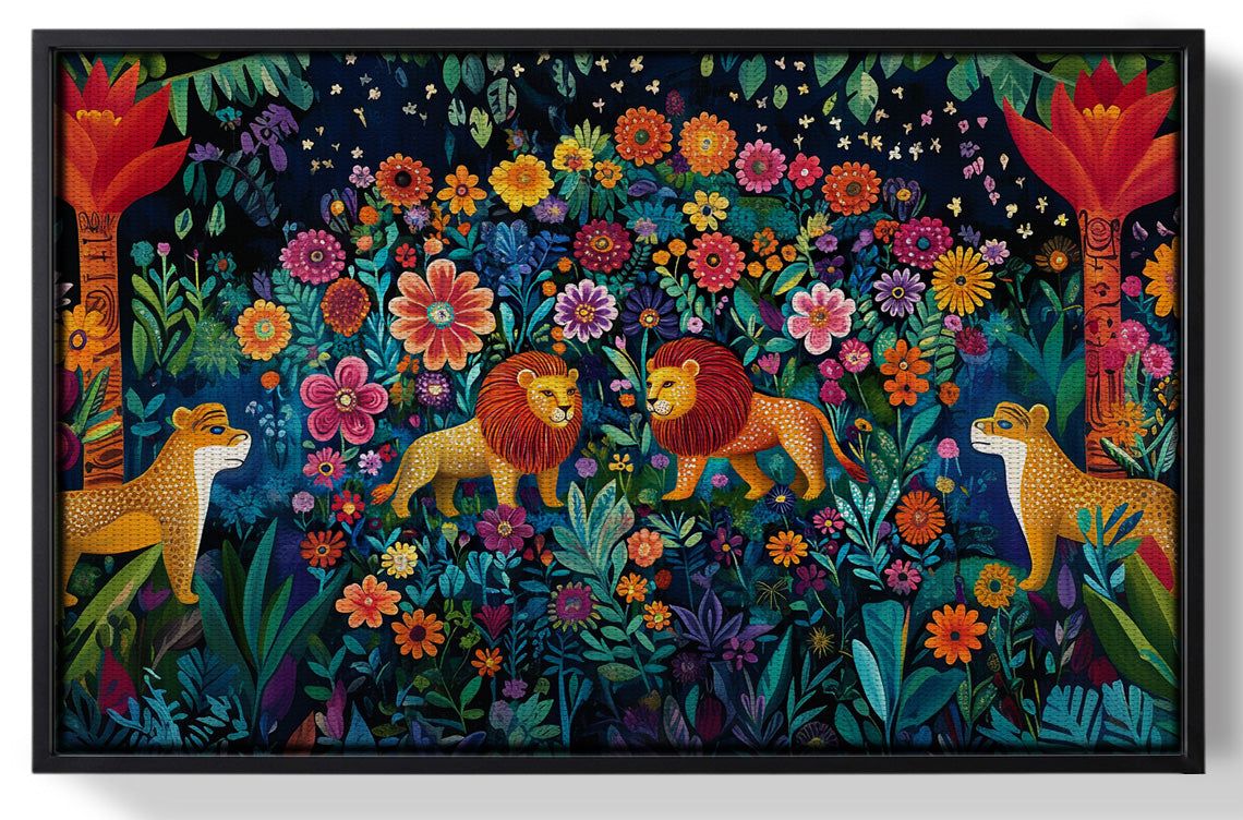 Framed Lion Family Flower Garden Black Caribbean wall art for home decor
