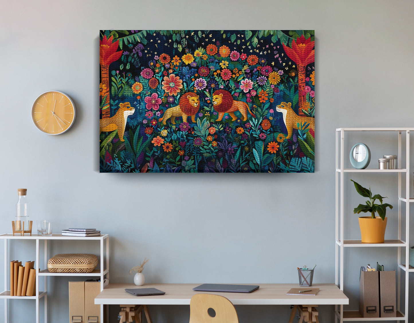 Lion Family Flower Garden Black Caribbean wall art view 18
