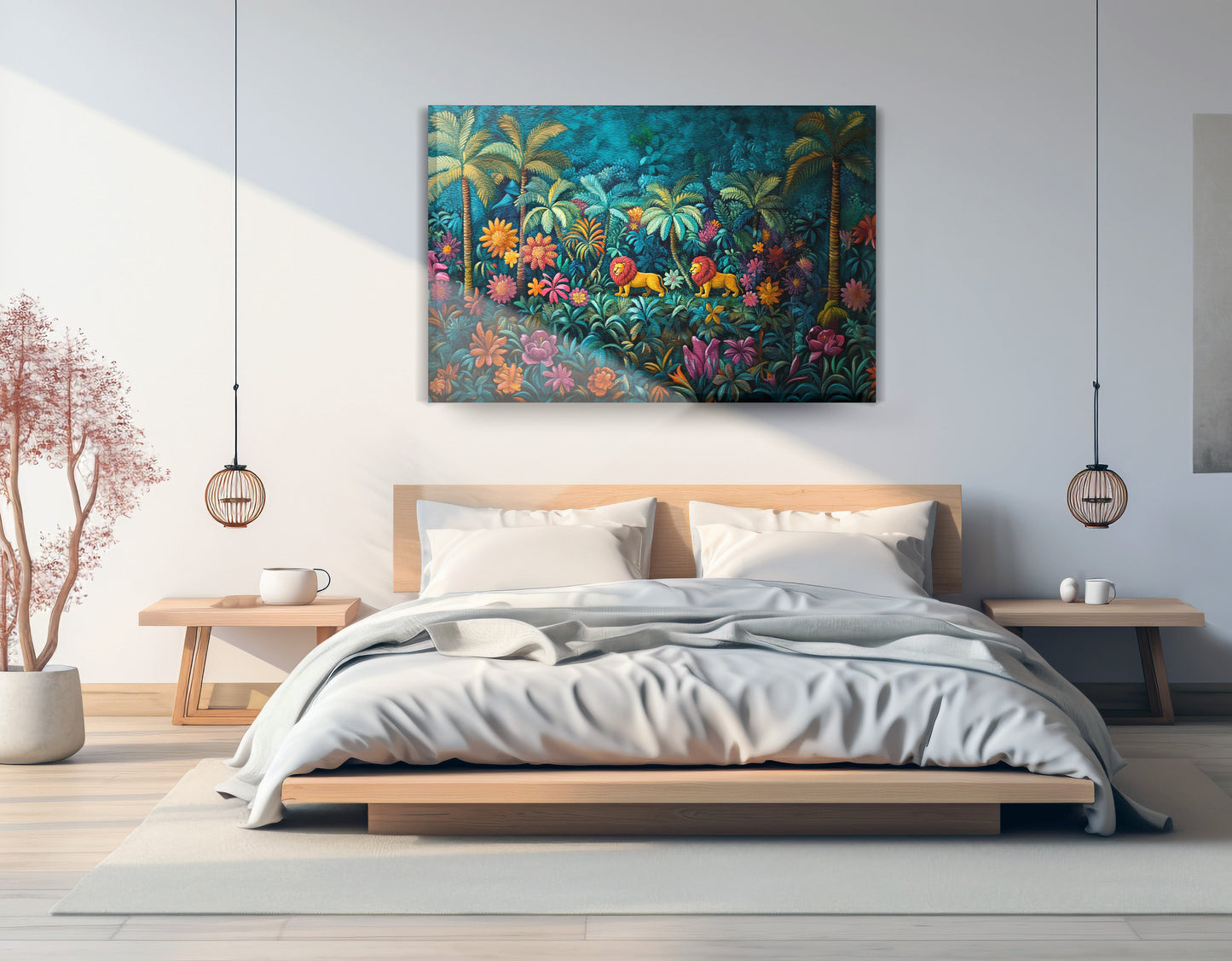 Tropical Floral Jungle Black Caribbean wall art displayed as bedroom wall decor