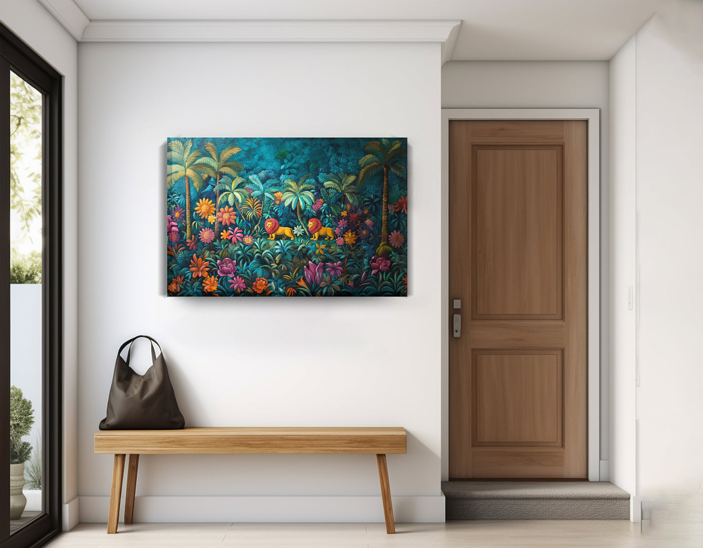 Tropical Floral Jungle Black Caribbean wall art displayed as entryway wall decor