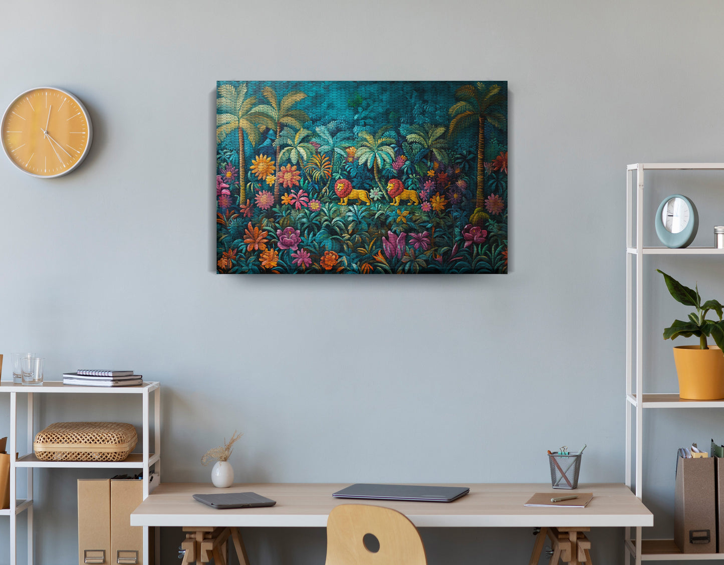Tropical Floral Jungle Black Caribbean wall art displayed as office wall decor
