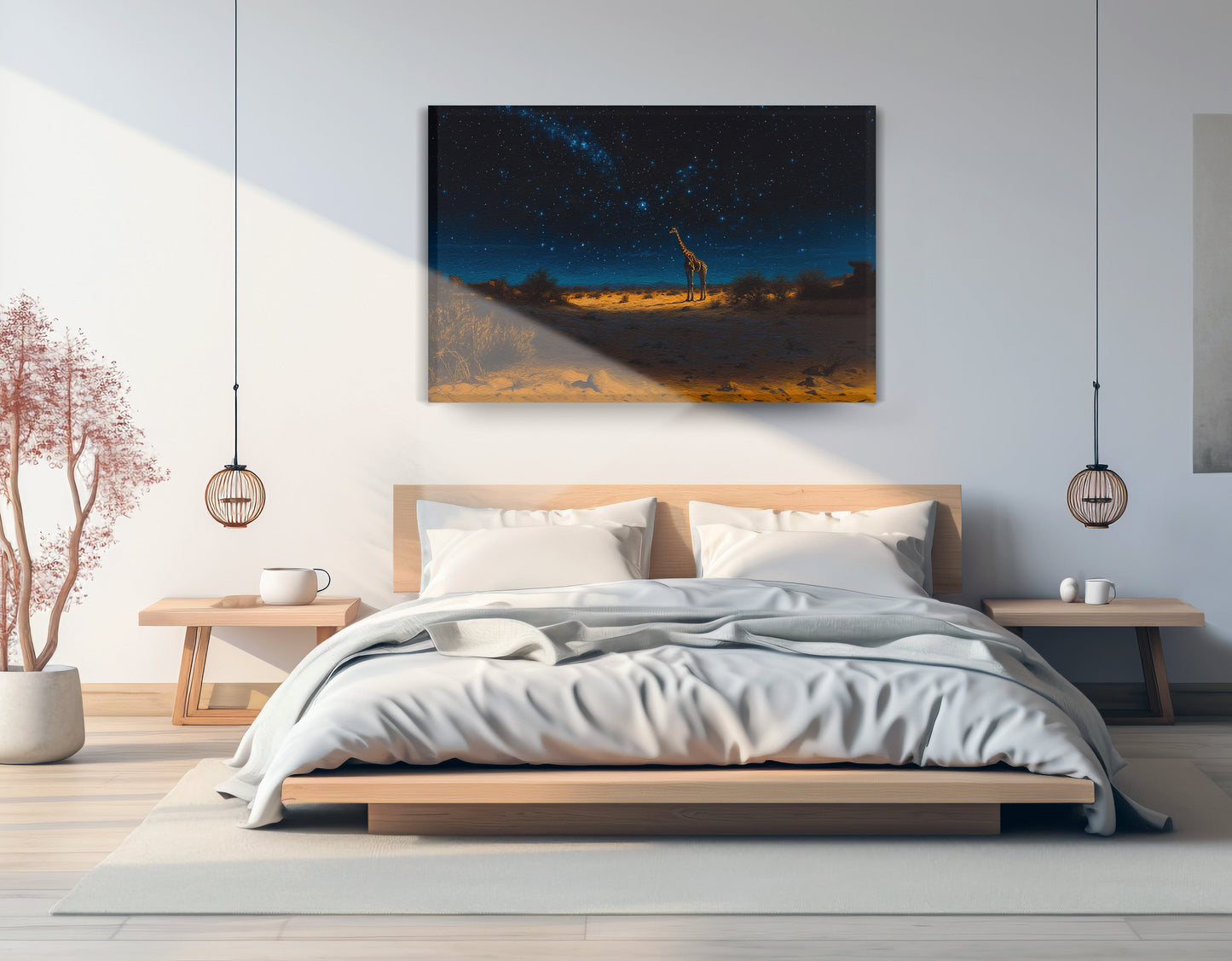 Lone Giraffe Night Safari Black African American canvas print displayed as bedroom wall decor