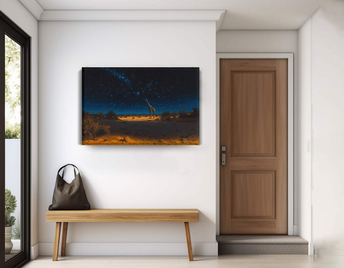 Lone Giraffe Night Safari Black African American canvas print displayed as entryway wall decor