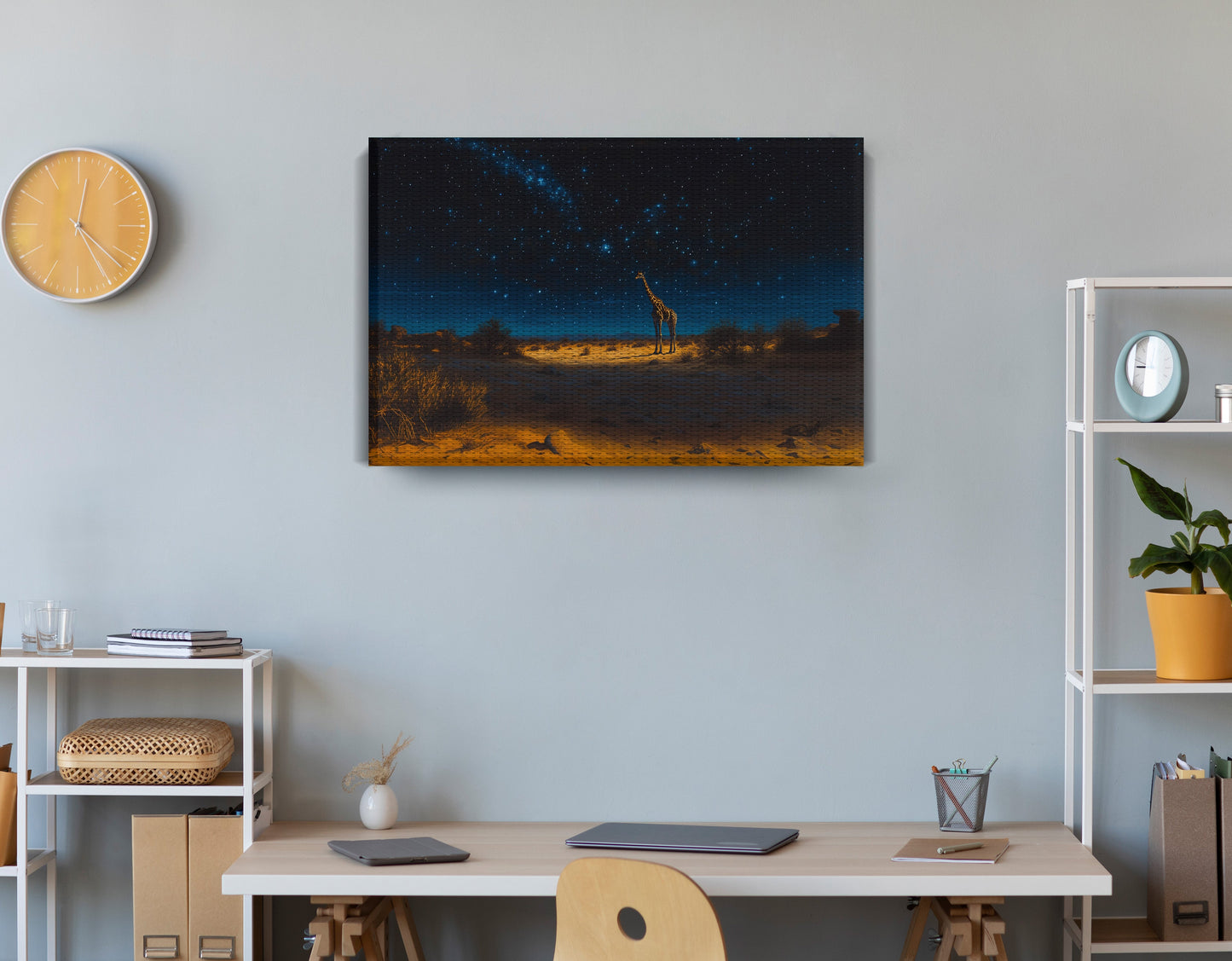 Lone Giraffe Night Safari Black African American canvas print displayed as office wall decor