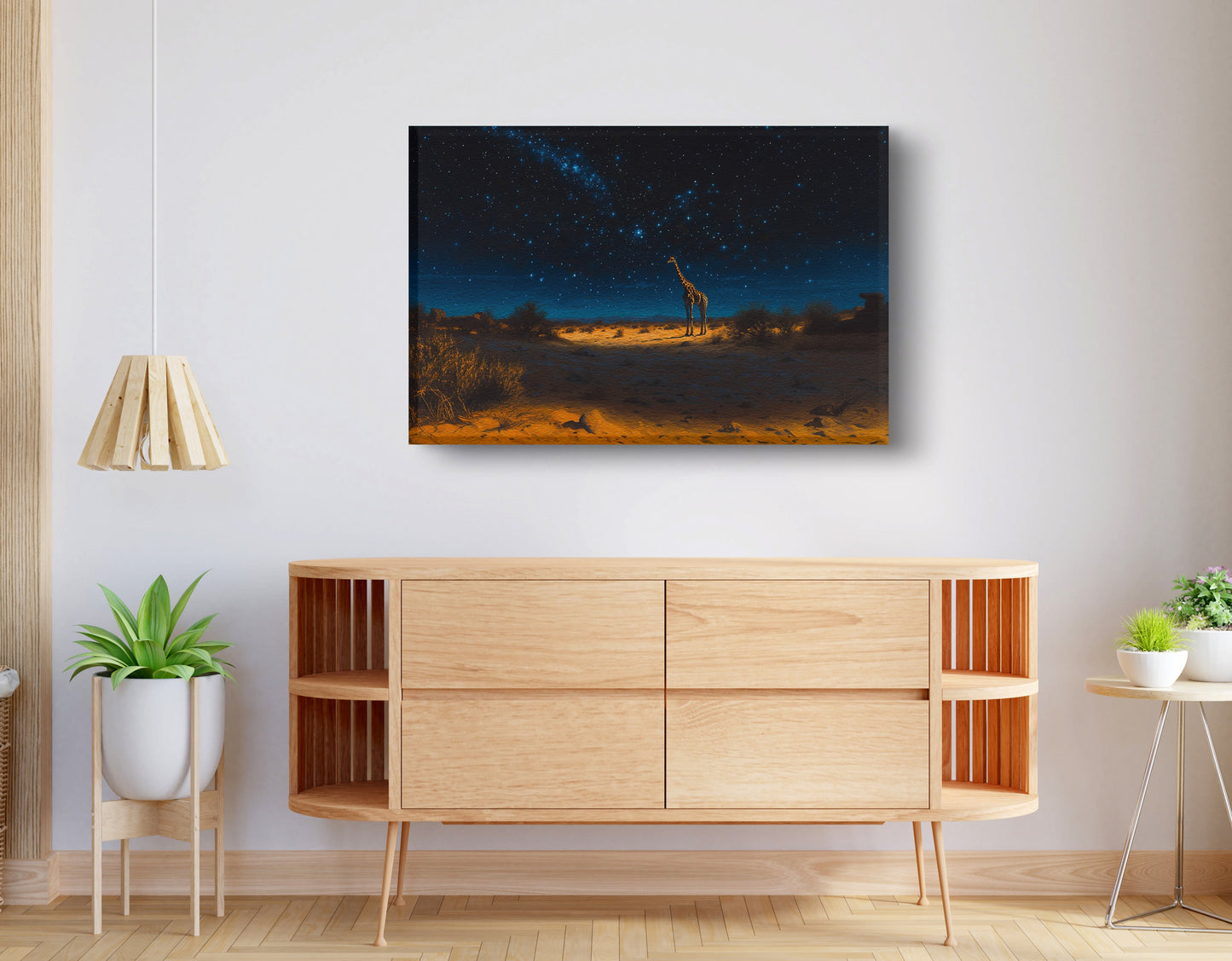 Lone Giraffe Night Safari Black African American canvas print displayed as living room wall decor