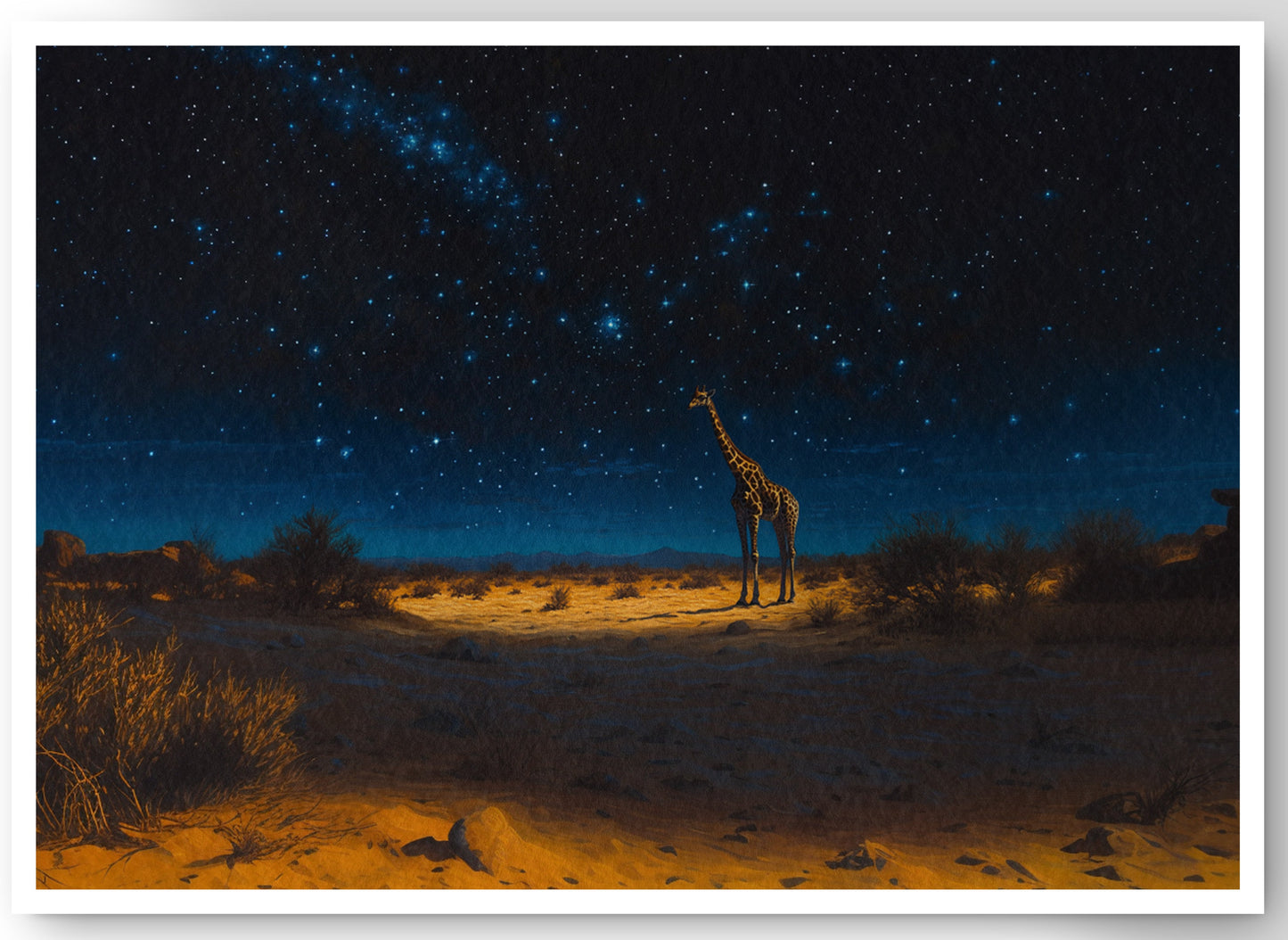 Lone Giraffe Night Safari Black African American canvas print by MoomZee Artwork