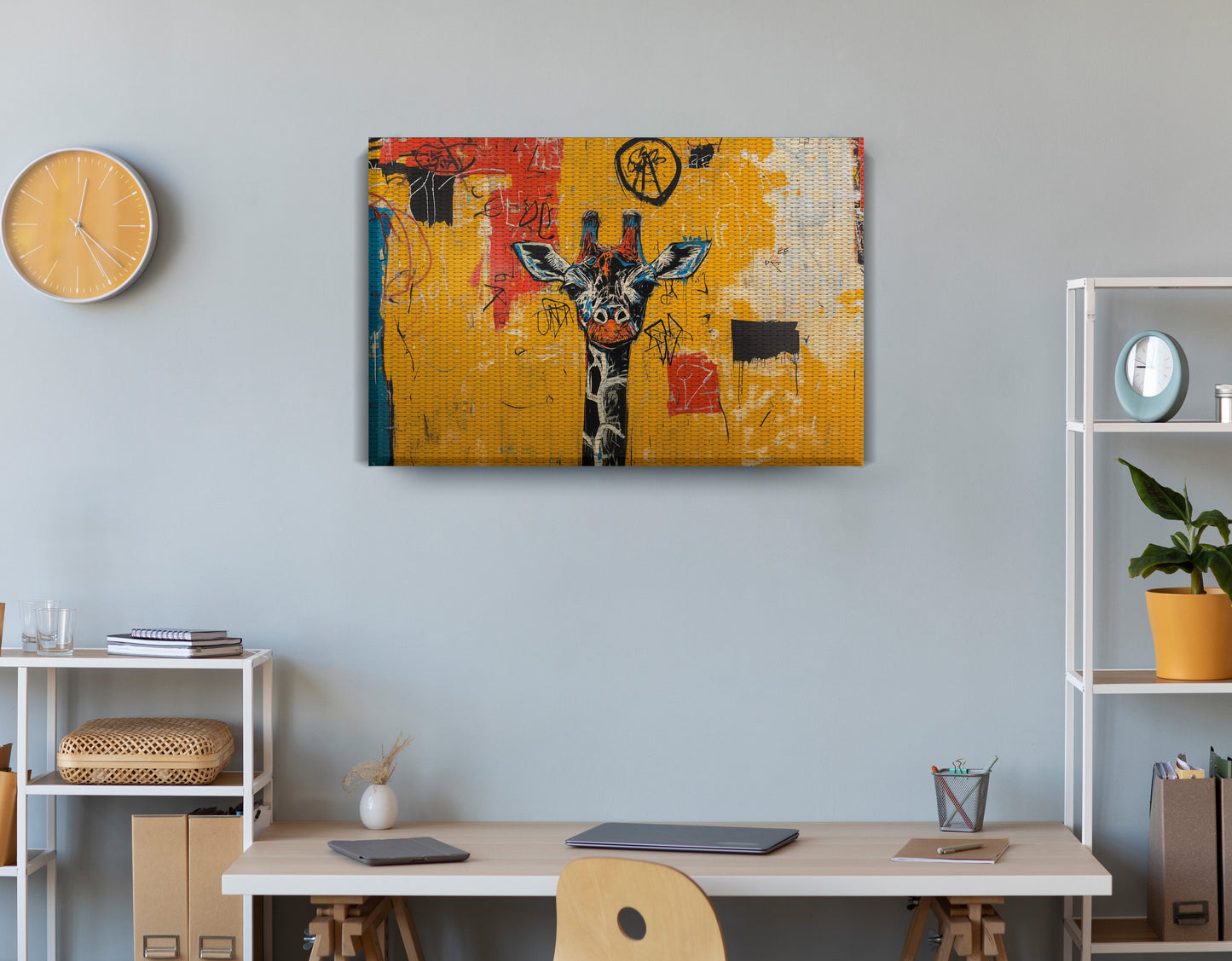 Urban Giraffe Graffiti African American canvas print displayed as office wall decor